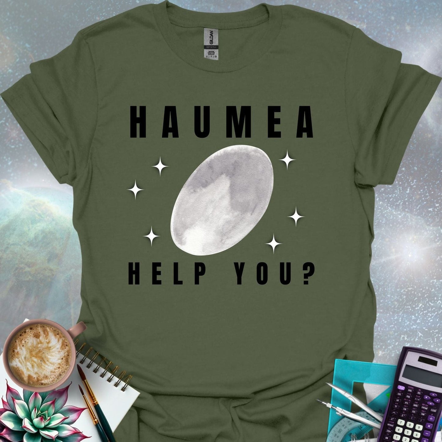 The word 'HAUMEA' above an oval-shaped illustration of the dwarf planet Haumea surrounded by stylized stars, with the text 'HELP YOU?' below.