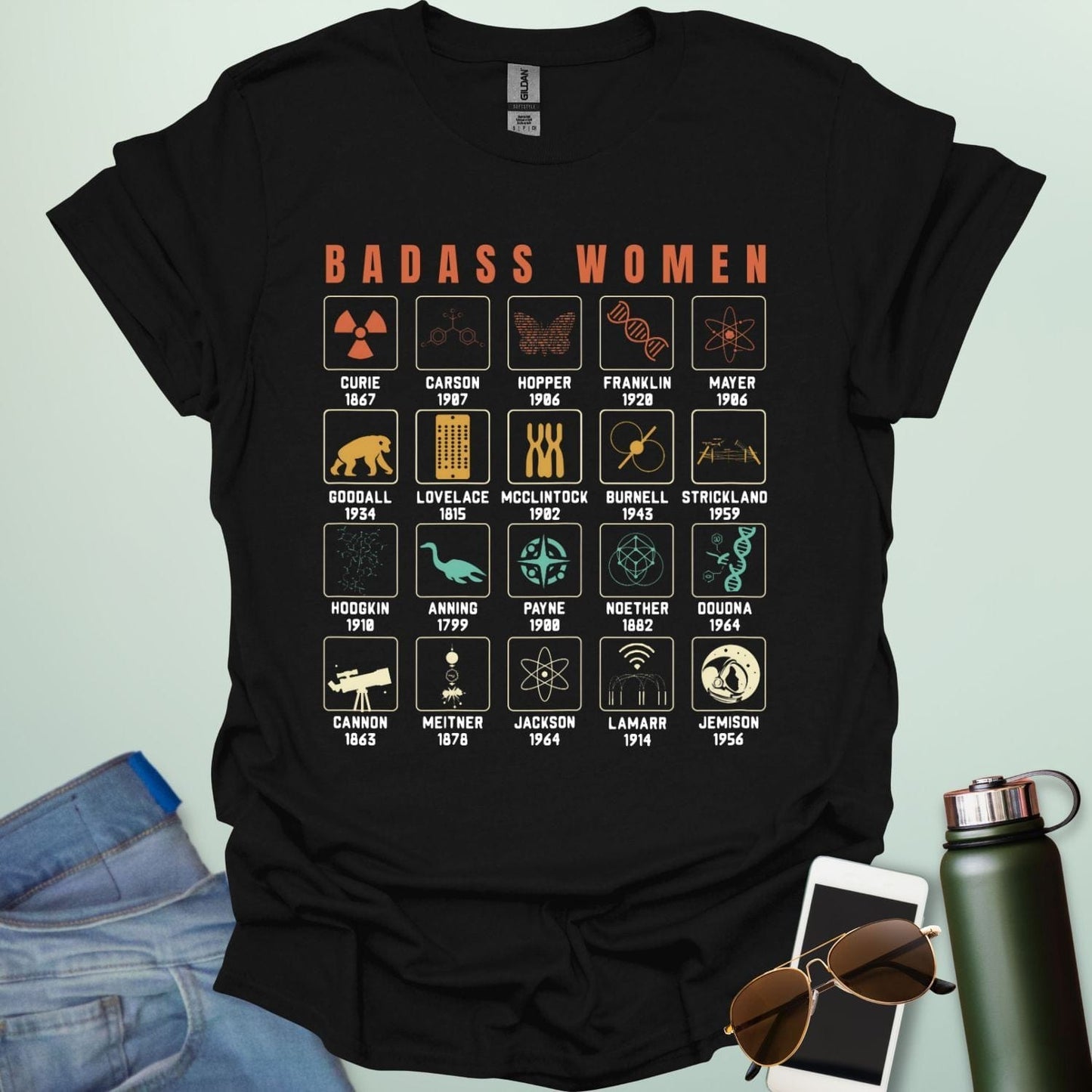 ‘Badass Women in Science’ t-shirt with bold typography — empowering STEM tee celebrating female scientists and women in science.