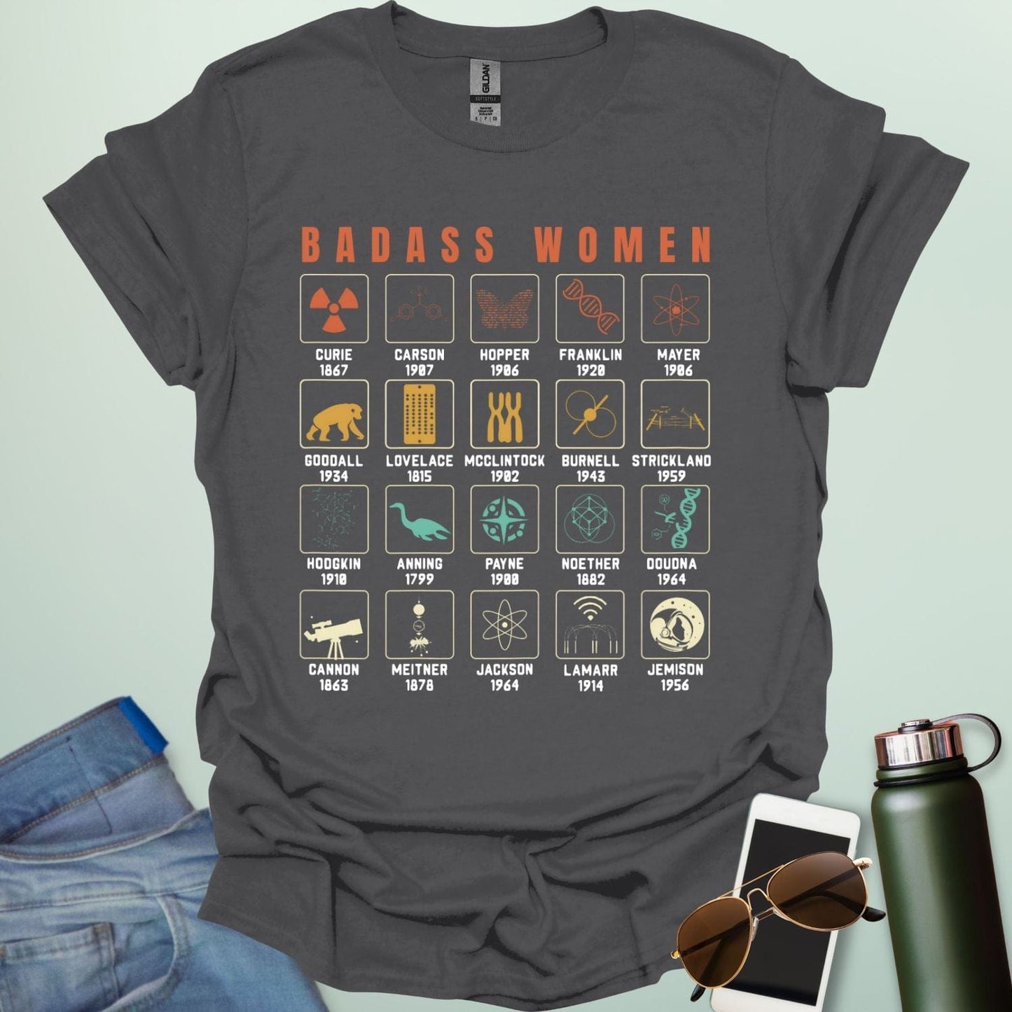 ‘Badass Women in Science’ t-shirt with bold typography — empowering STEM tee celebrating female scientists and women in science.
