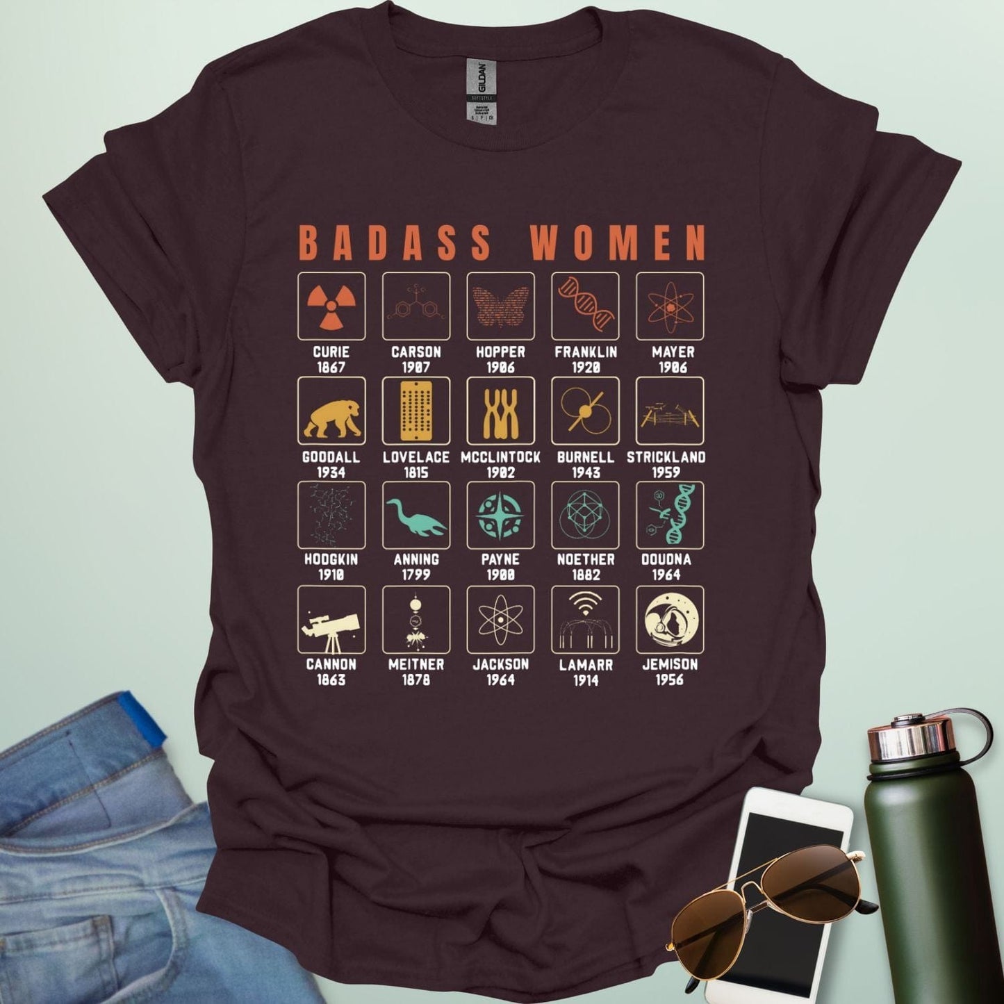 ‘Badass Women in Science’ t-shirt with bold typography — empowering STEM tee celebrating female scientists and women in science.