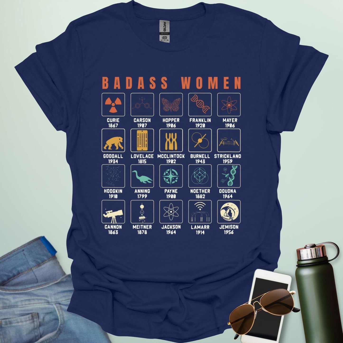 ‘Badass Women in Science’ t-shirt with bold typography — empowering STEM tee celebrating female scientists and women in science.