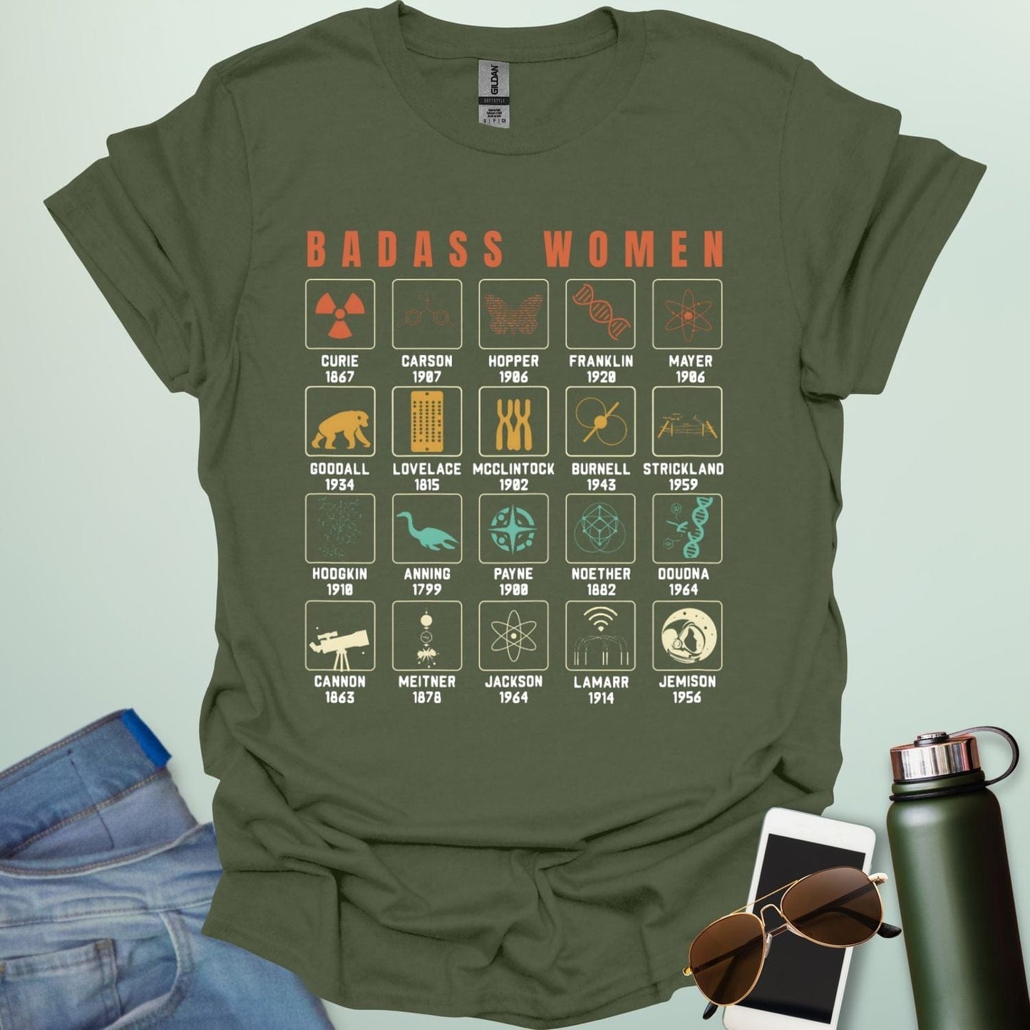 ‘Badass Women in Science’ t-shirt with bold typography — empowering STEM tee celebrating female scientists and women in science.