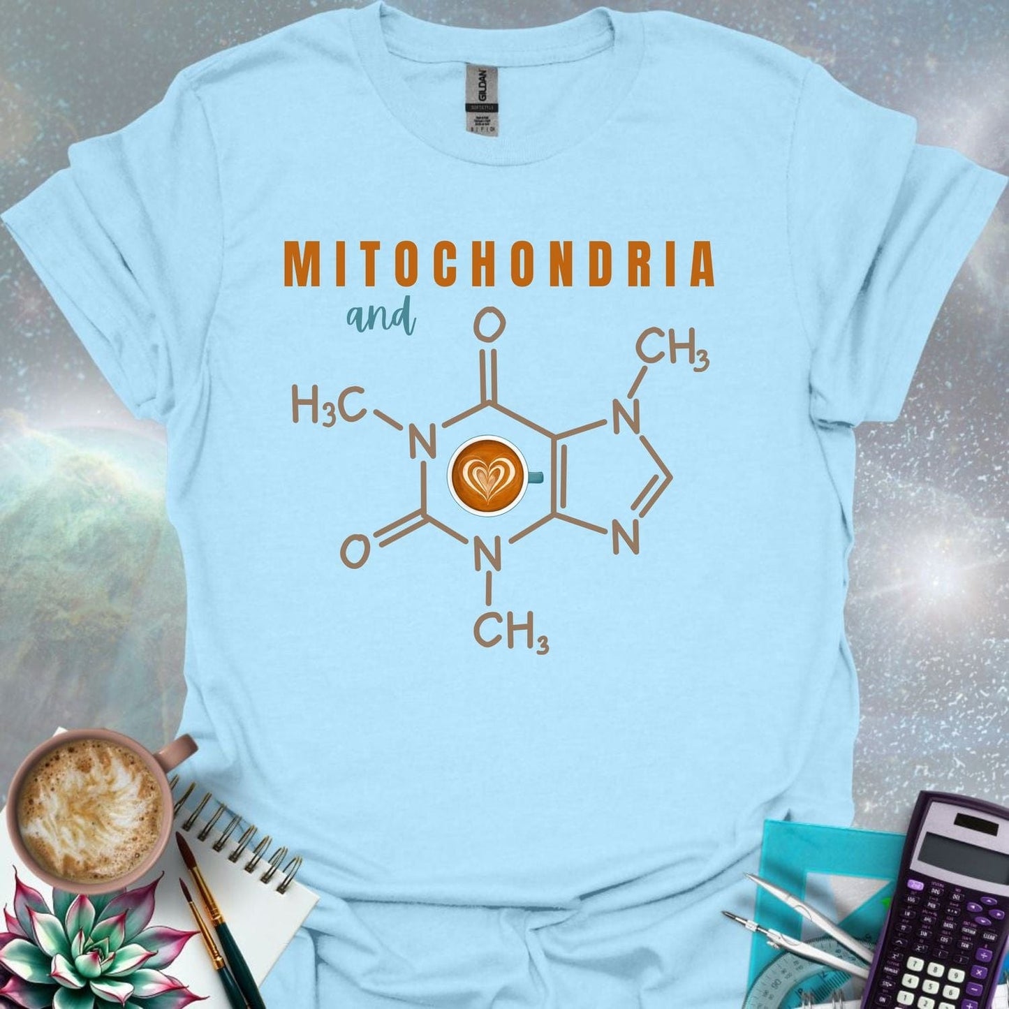 The word 'MITOCHONDRIA' above the word 'and' above the chemical structure of caffeine with a coffee cup icon containing a latte art heart in the center. Below the caffeine structure are chemical symbols.