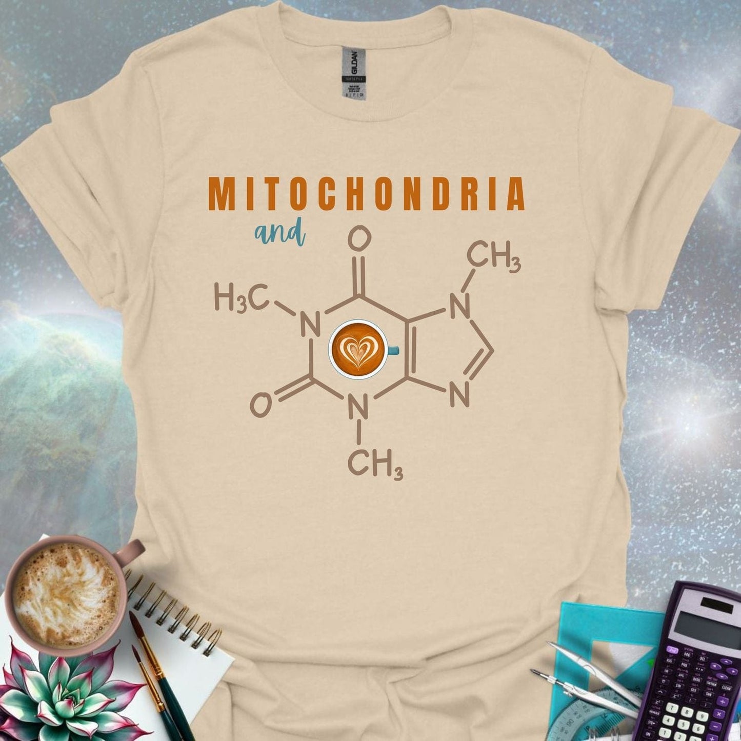 The word 'MITOCHONDRIA' above the word 'and' above the chemical structure of caffeine with a coffee cup icon containing a latte art heart in the center. Below the caffeine structure are chemical symbols.