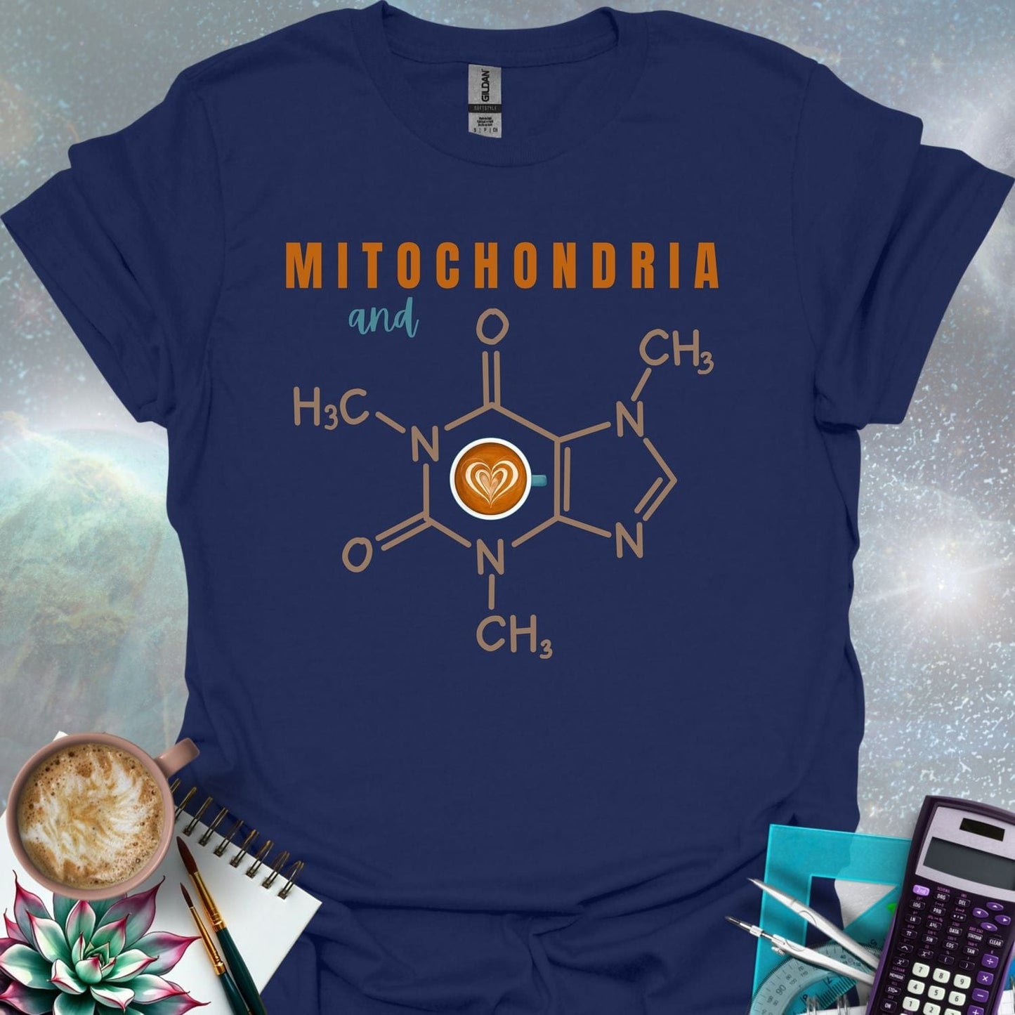 The word 'MITOCHONDRIA' above the word 'and' above the chemical structure of caffeine with a coffee cup icon containing a latte art heart in the center. Below the caffeine structure are chemical symbols.