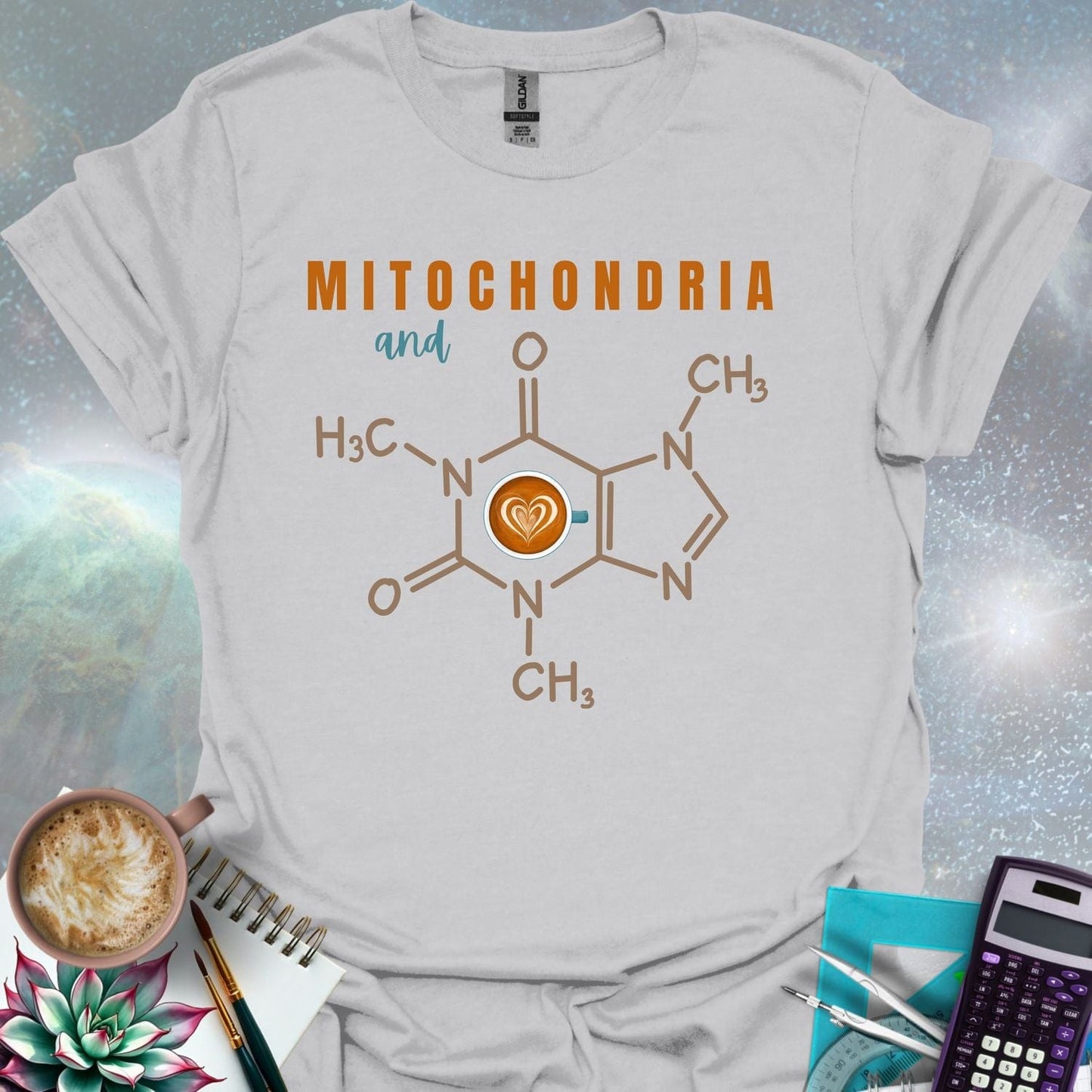 The word 'MITOCHONDRIA' above the word 'and' above the chemical structure of caffeine with a coffee cup icon containing a latte art heart in the center. Below the caffeine structure are chemical symbols.