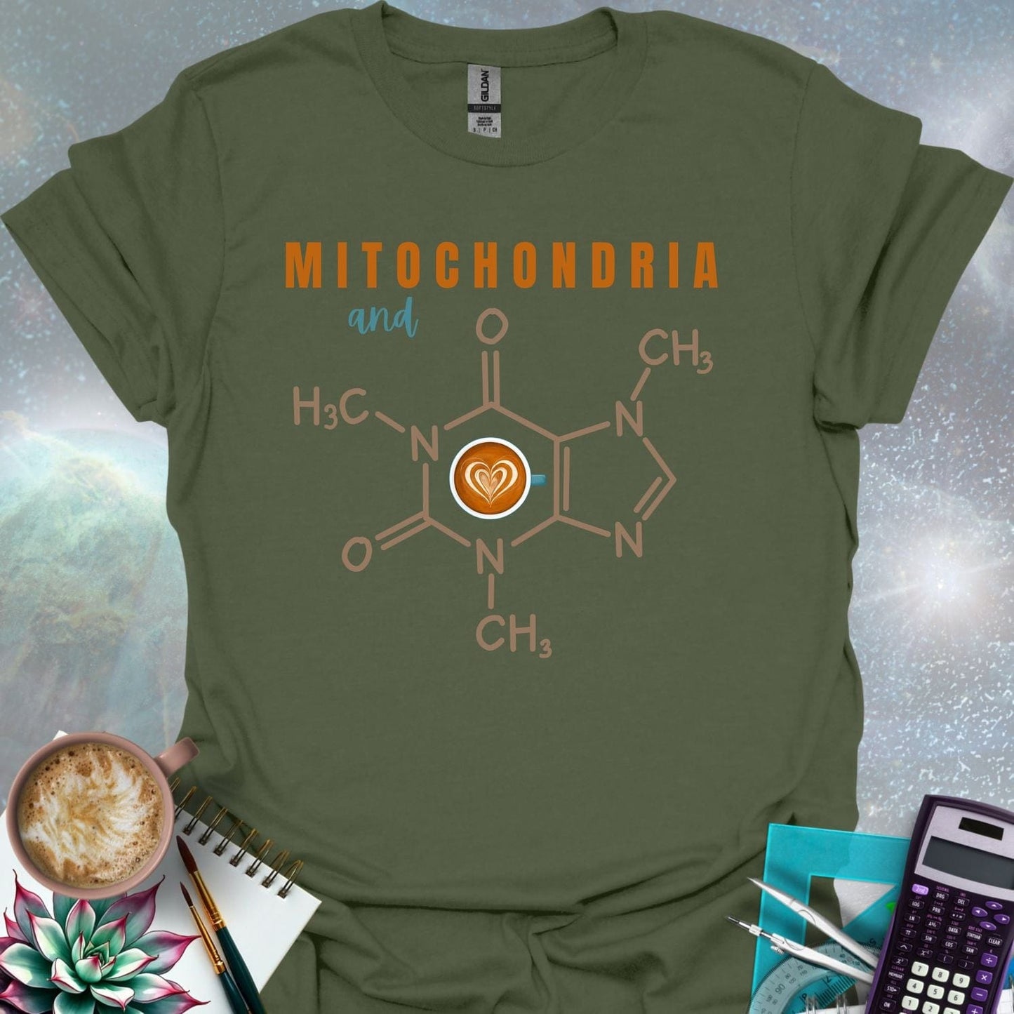 The word 'MITOCHONDRIA' above the word 'and' above the chemical structure of caffeine with a coffee cup icon containing a latte art heart in the center. Below the caffeine structure are chemical symbols.
