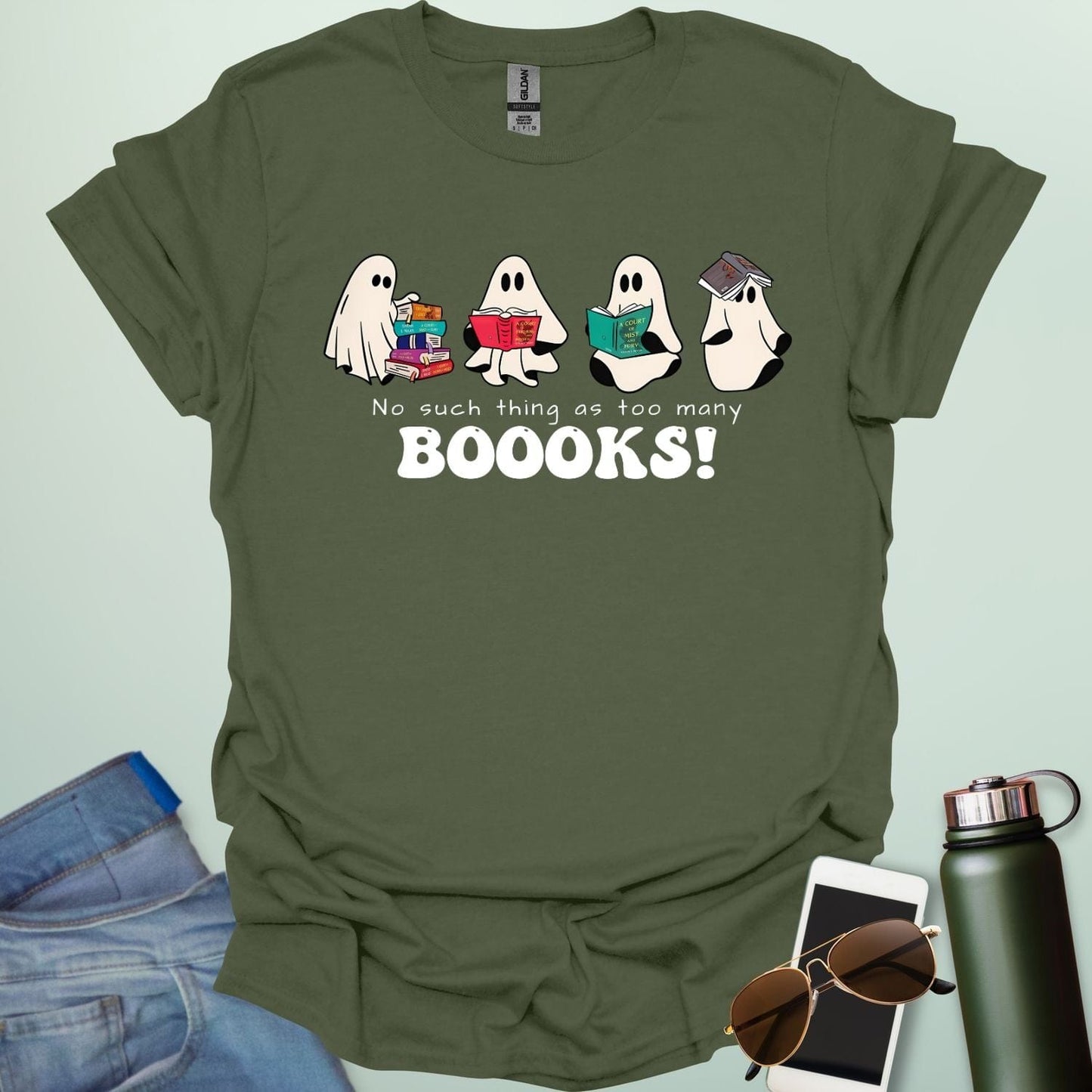 No Such Thing As Too Many Booooks t-shirt with ghostly lettering and book graphic β a spooky bookworm design for readers and teachers.