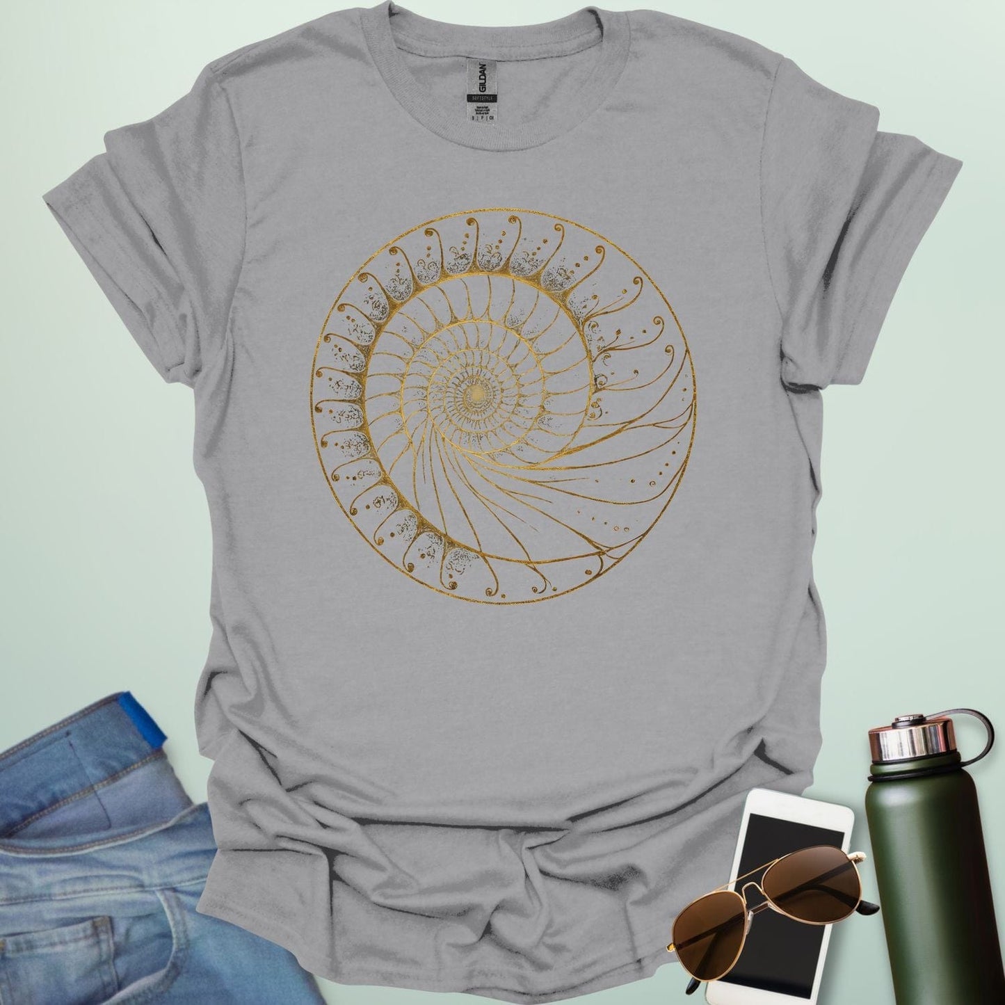 Elegant Fibonacci spiral t-shirt design, representing the golden ratio in a stylish artistic graphic.