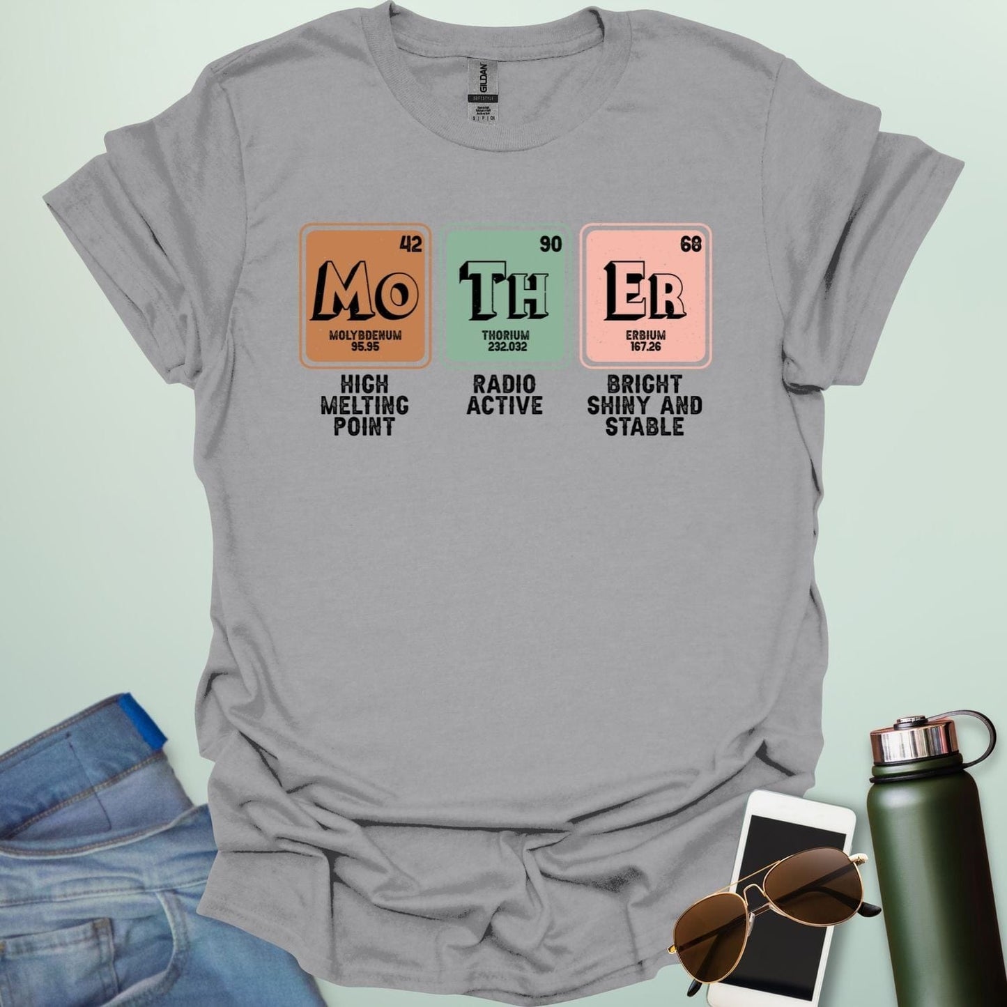 A sport grey t-shirt design with three periodic table elements: Mo (Molybdenum), Th (Thorium), and Er (Erbium), with humorous descriptions underneath.