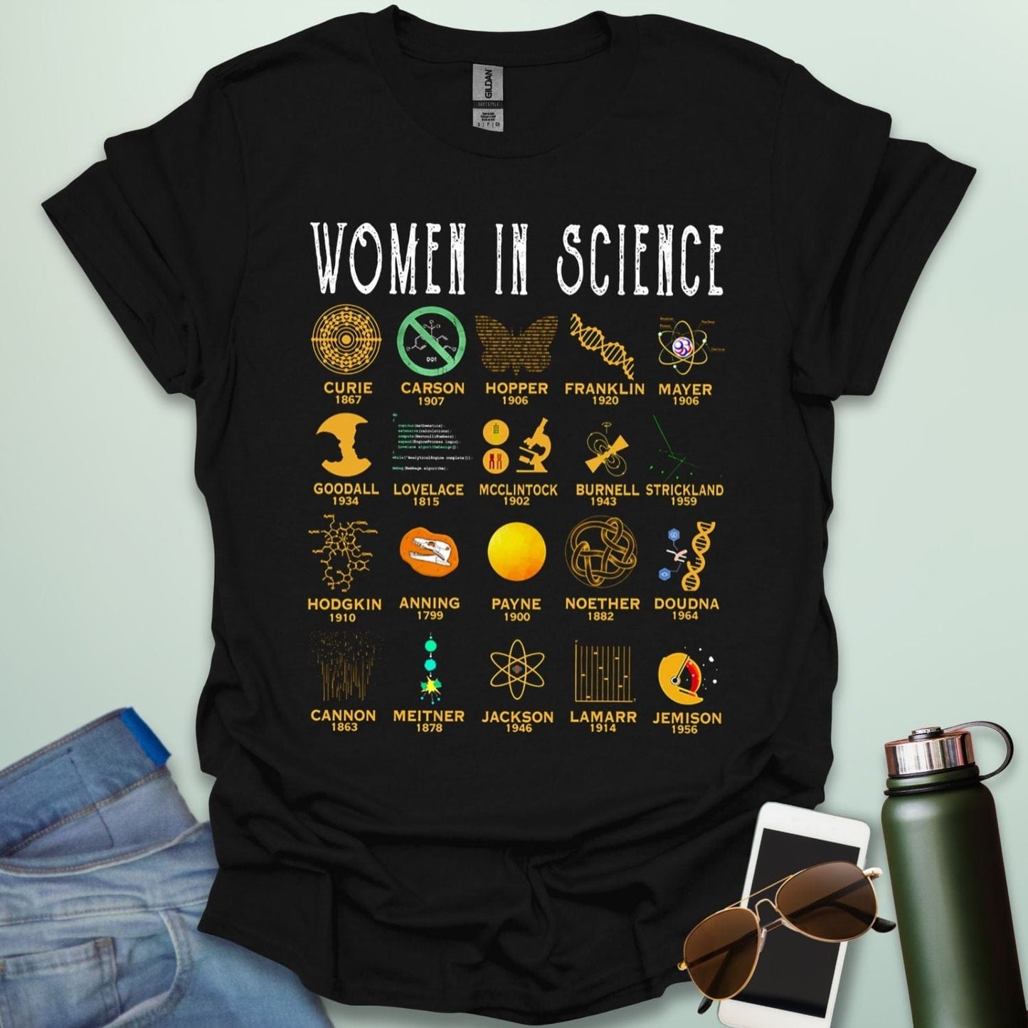 'Women in Science' tribute t-shirt with icons and names of famous female scientists.