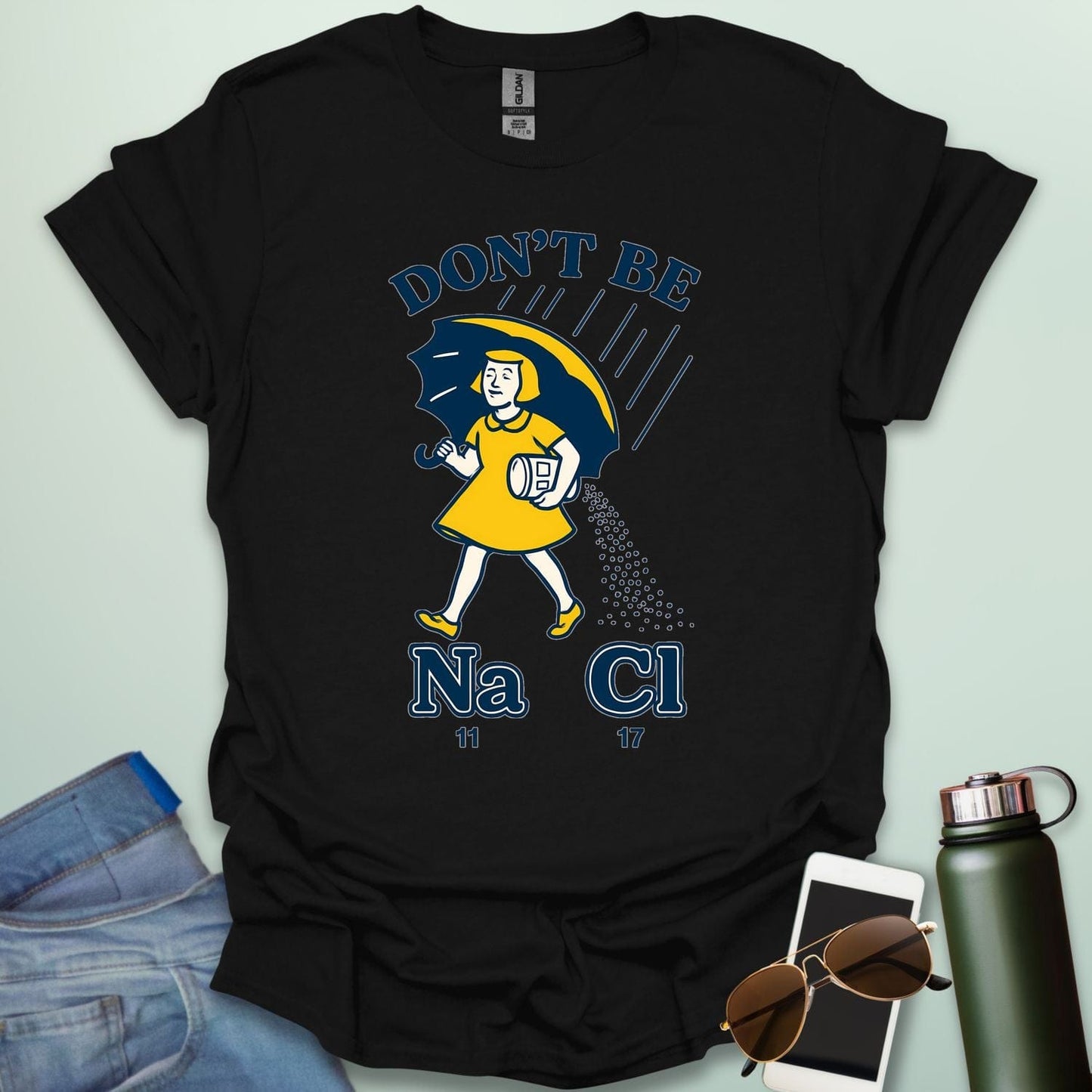 Don't Be Salty t-shirt with a retro-style illustration and the chemical symbols for salt, NaCl.