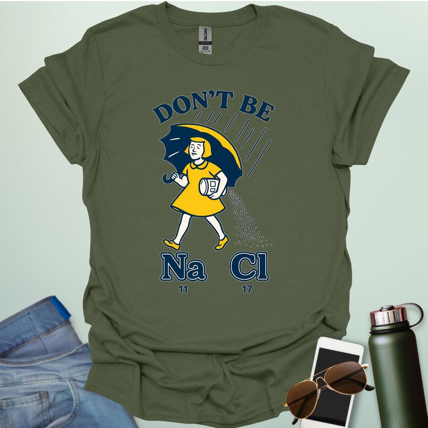 Don't Be Salty t-shirt with a retro-style illustration and the chemical symbols for salt, NaCl.