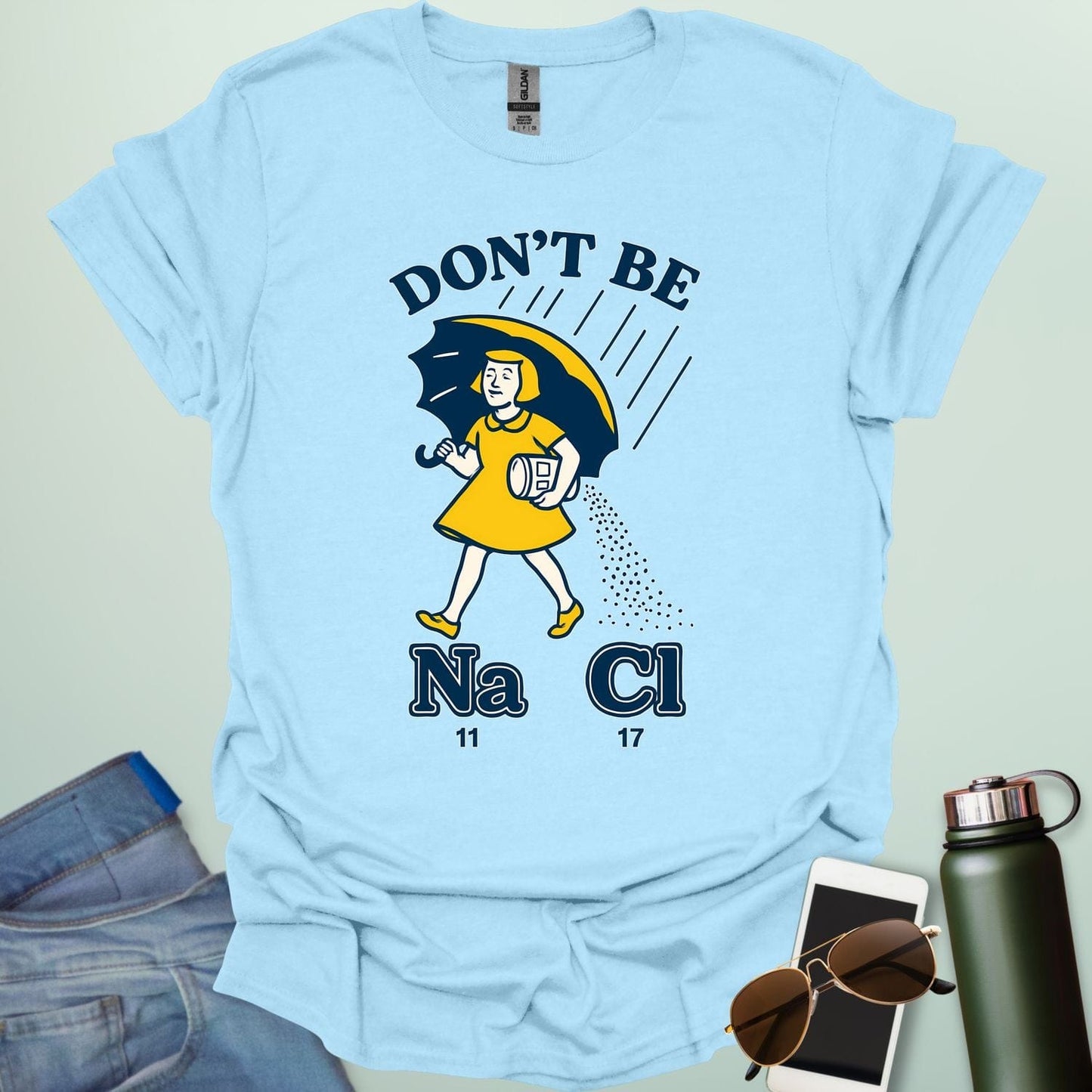 Don't Be Salty t-shirt with a retro-style illustration and the chemical symbols for salt, NaCl.