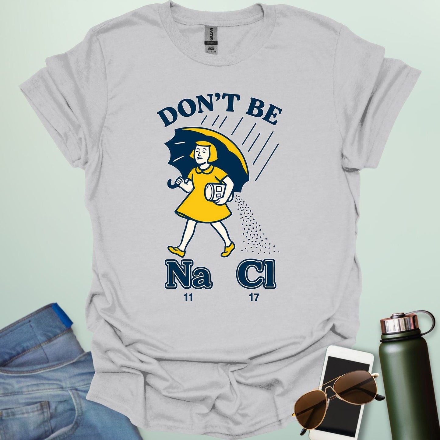 Don't Be Salty t-shirt with a retro-style illustration and the chemical symbols for salt, NaCl.