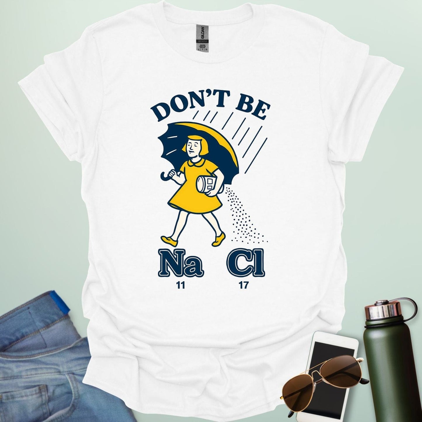 Don't Be Salty t-shirt with a retro-style illustration and the chemical symbols for salt, NaCl.
