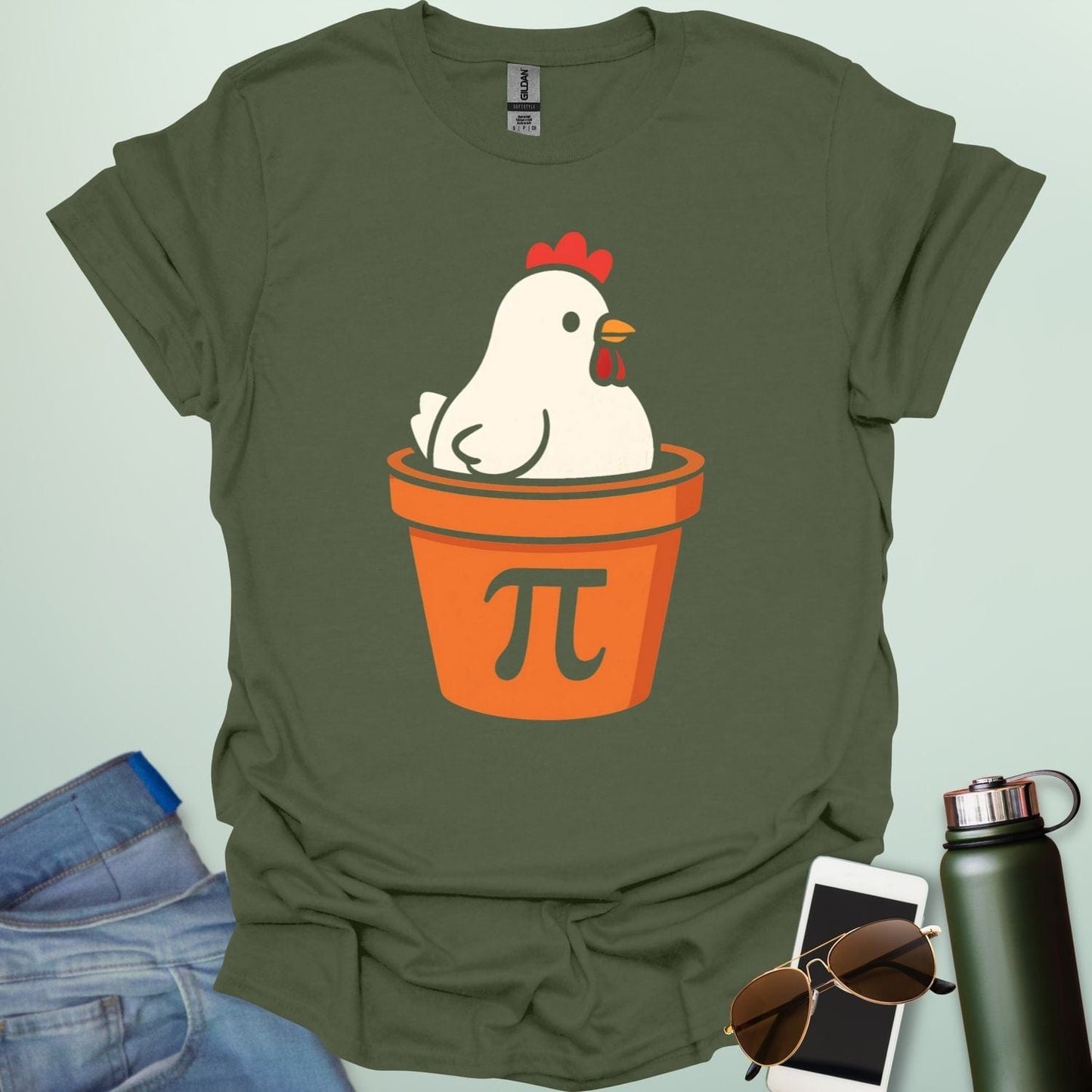A funny 'Chicken Pot Pi' t-shirt featuring a cartoon chicken in a pot with the Pi symbol.