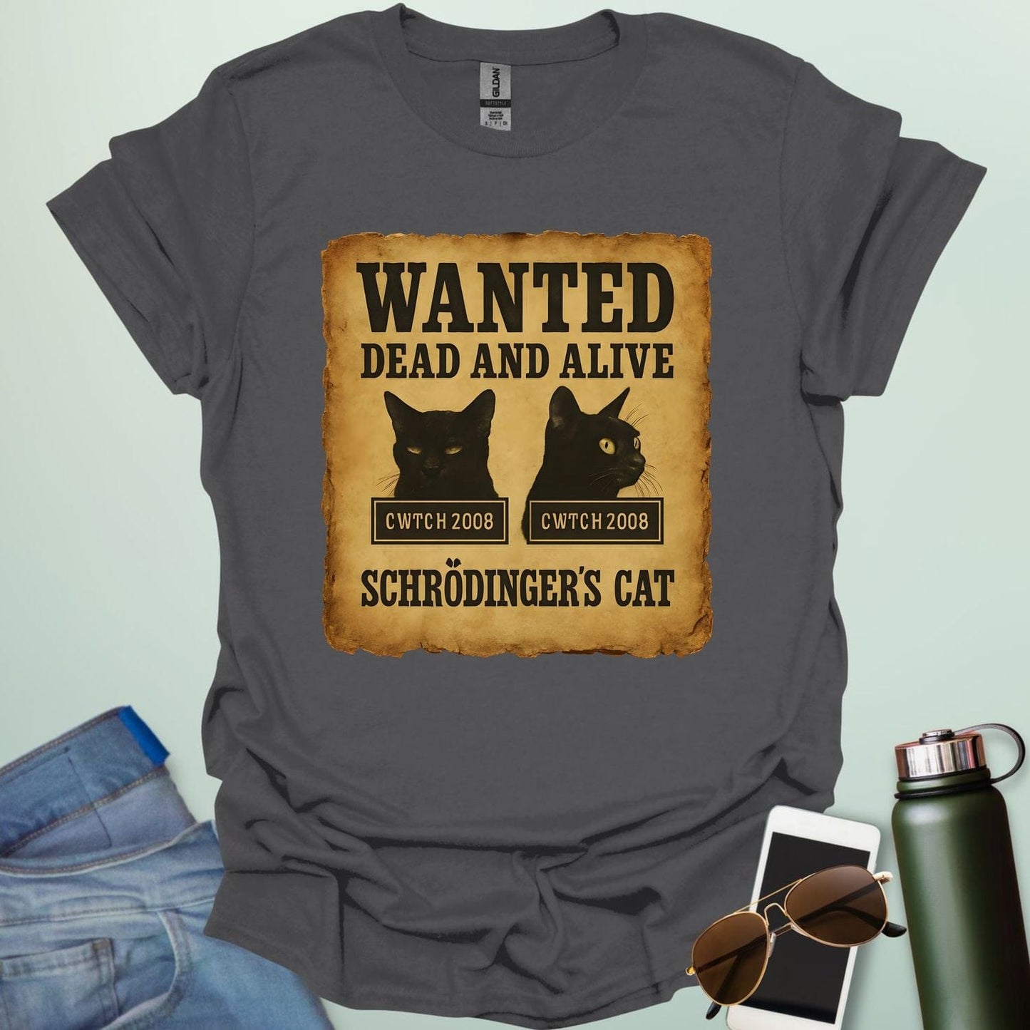'Schrödinger's Cat' t-shirt with a 'Wanted Dead and Alive' poster design, a funny quantum physics joke.