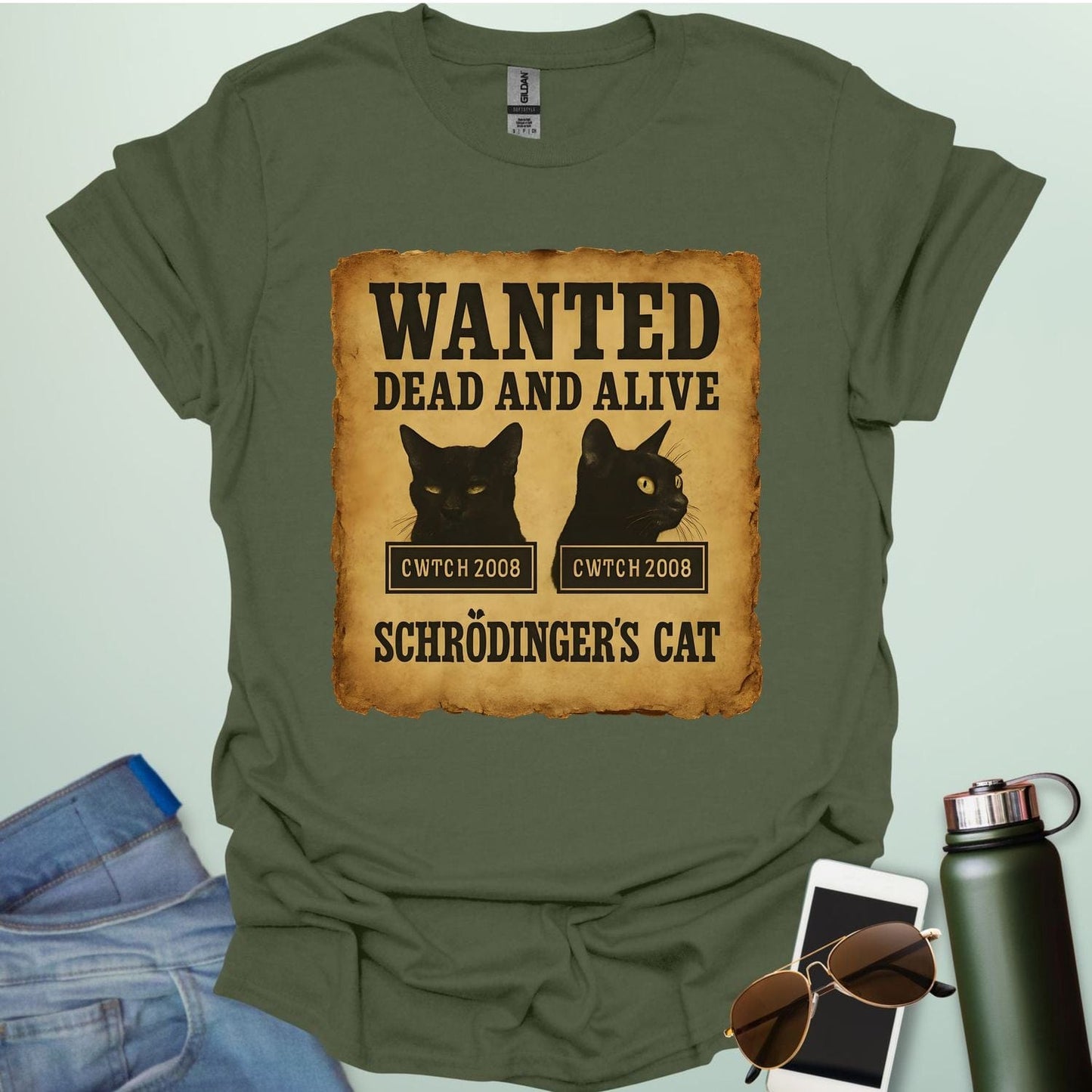 'Schrödinger's Cat' t-shirt with a 'Wanted Dead and Alive' poster design, a funny quantum physics joke.