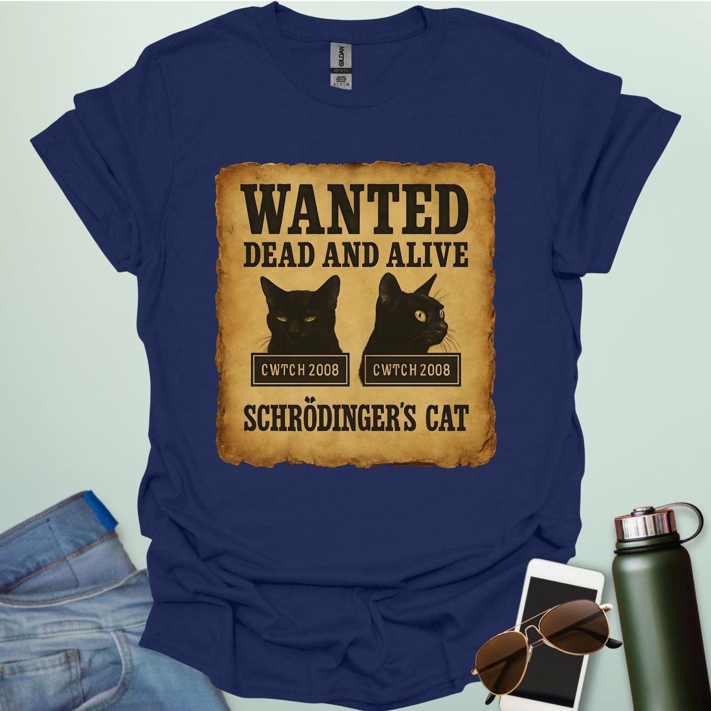 'Schrödinger's Cat' t-shirt with a 'Wanted Dead and Alive' poster design, a funny quantum physics joke.