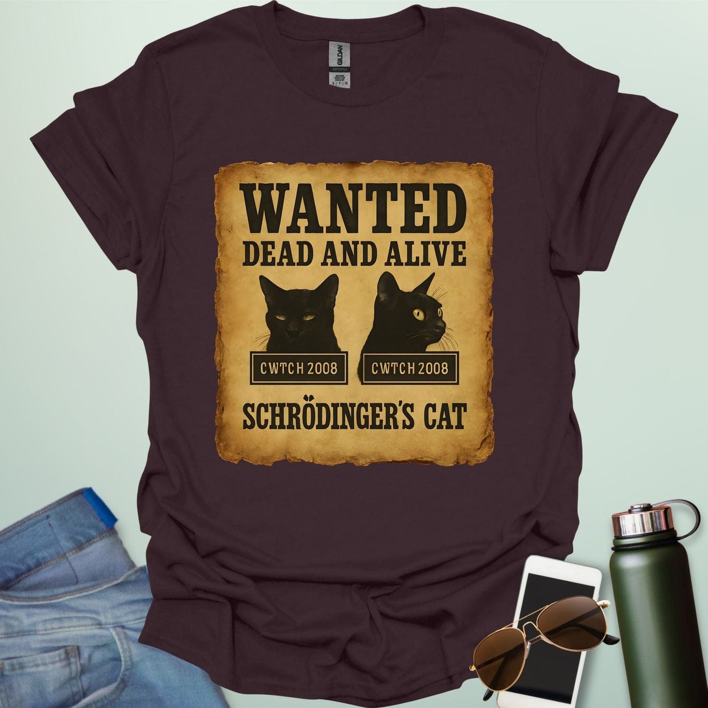 'Schrödinger's Cat' t-shirt with a 'Wanted Dead and Alive' poster design, a funny quantum physics joke.