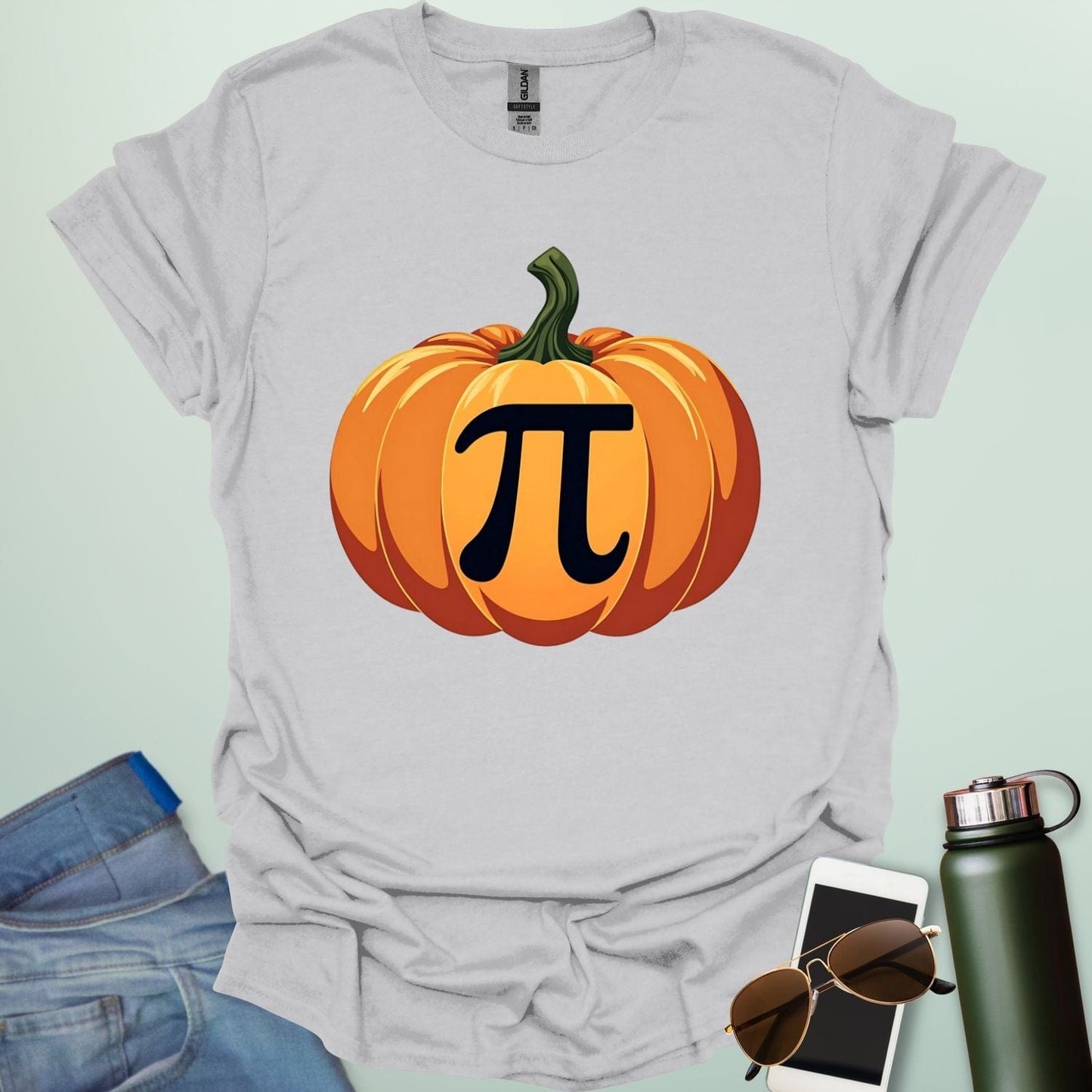 Pumpkin Pi t-shirt with pumpkin graphic incorporating the Pi symbol — a math pun design for Pi Day, Halloween, and fall lovers.