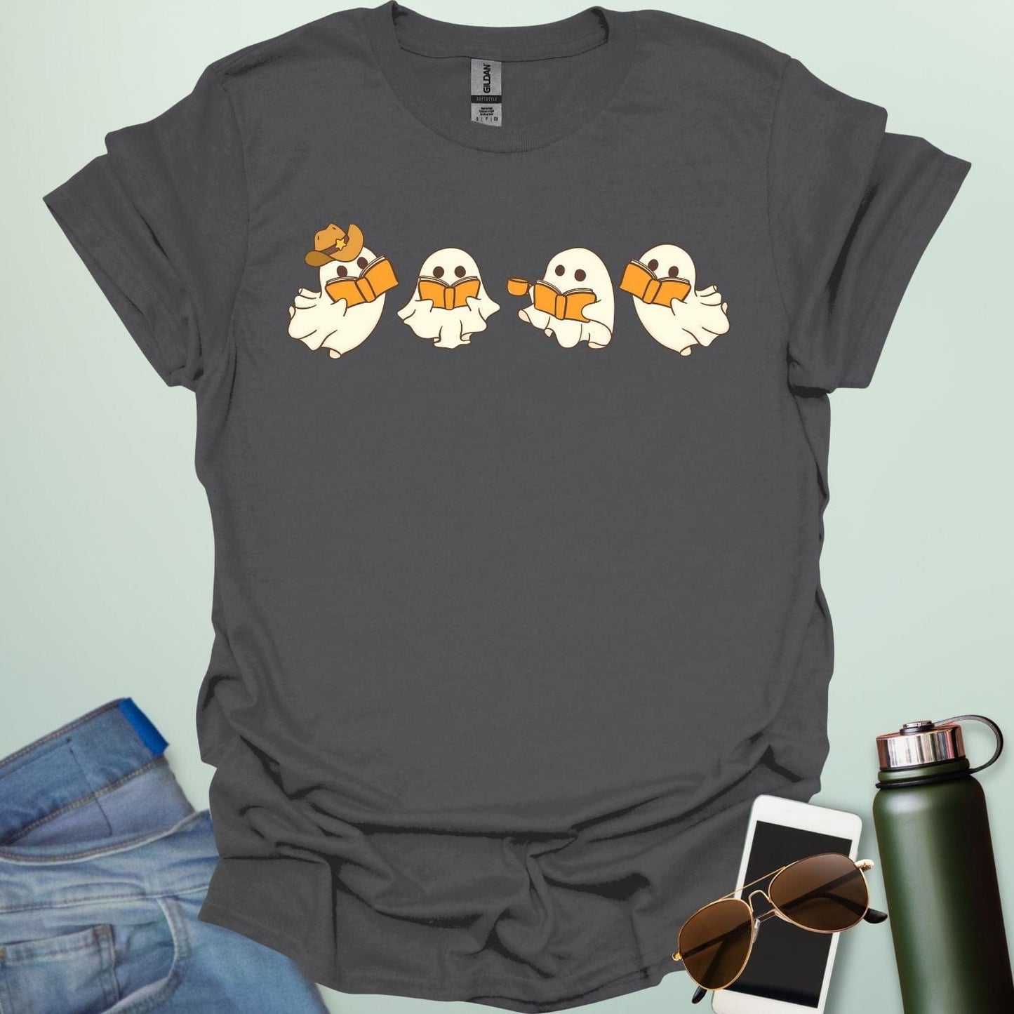 Western Ghost Readers t-shirt featuring ghostly figures reading books and sipping coffee in a western-style design — perfect for book lovers & Halloween.