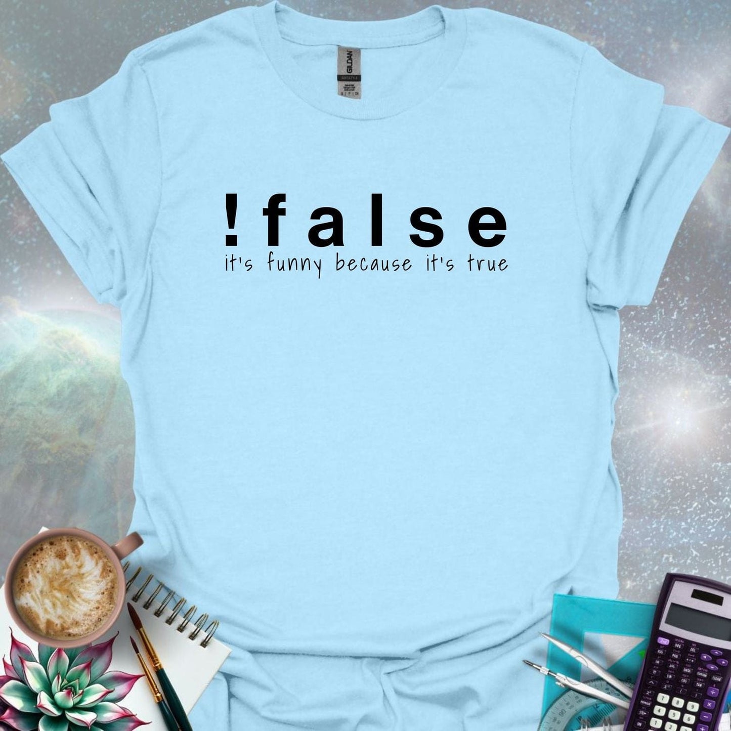 The text '!false' in bold letters, with the tagline 'it's funny because it's true' in smaller letters below.