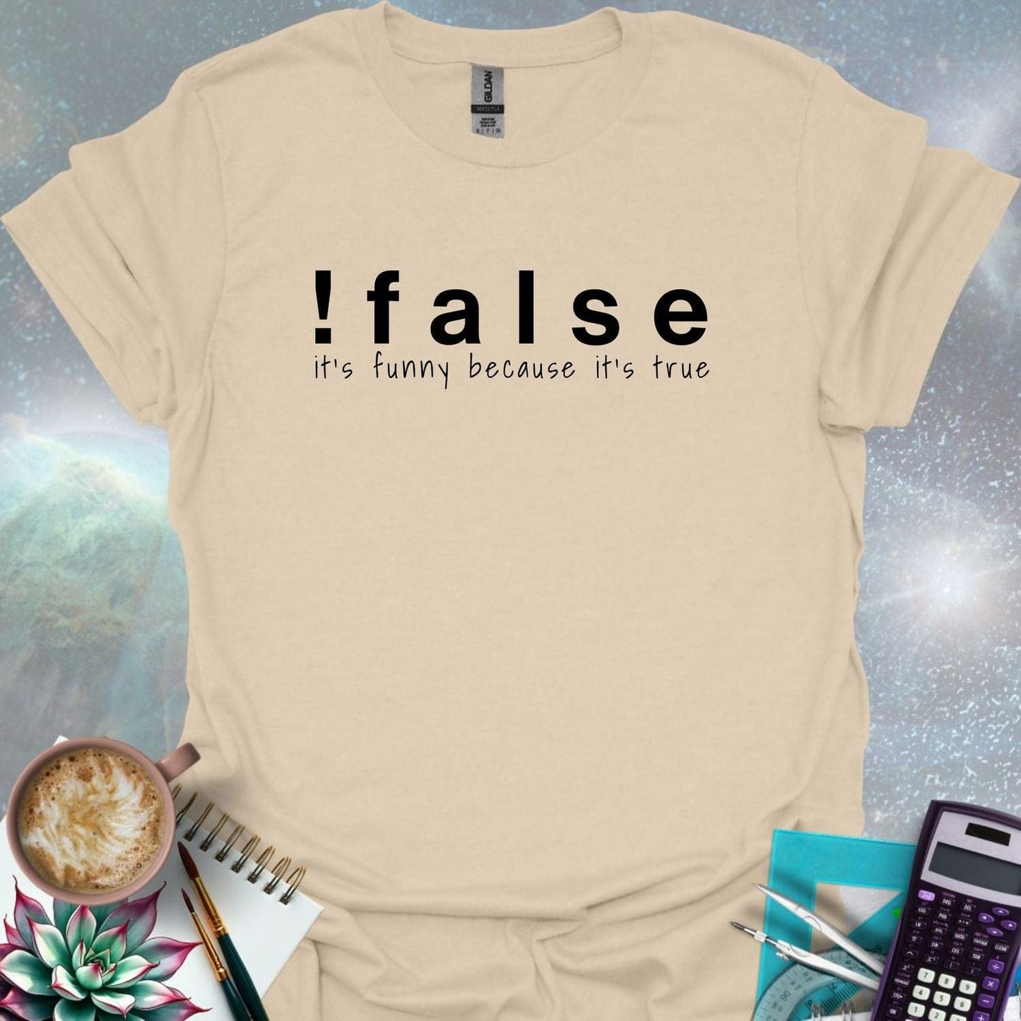 The text '!false' in bold letters, with the tagline 'it's funny because it's true' in smaller letters below.