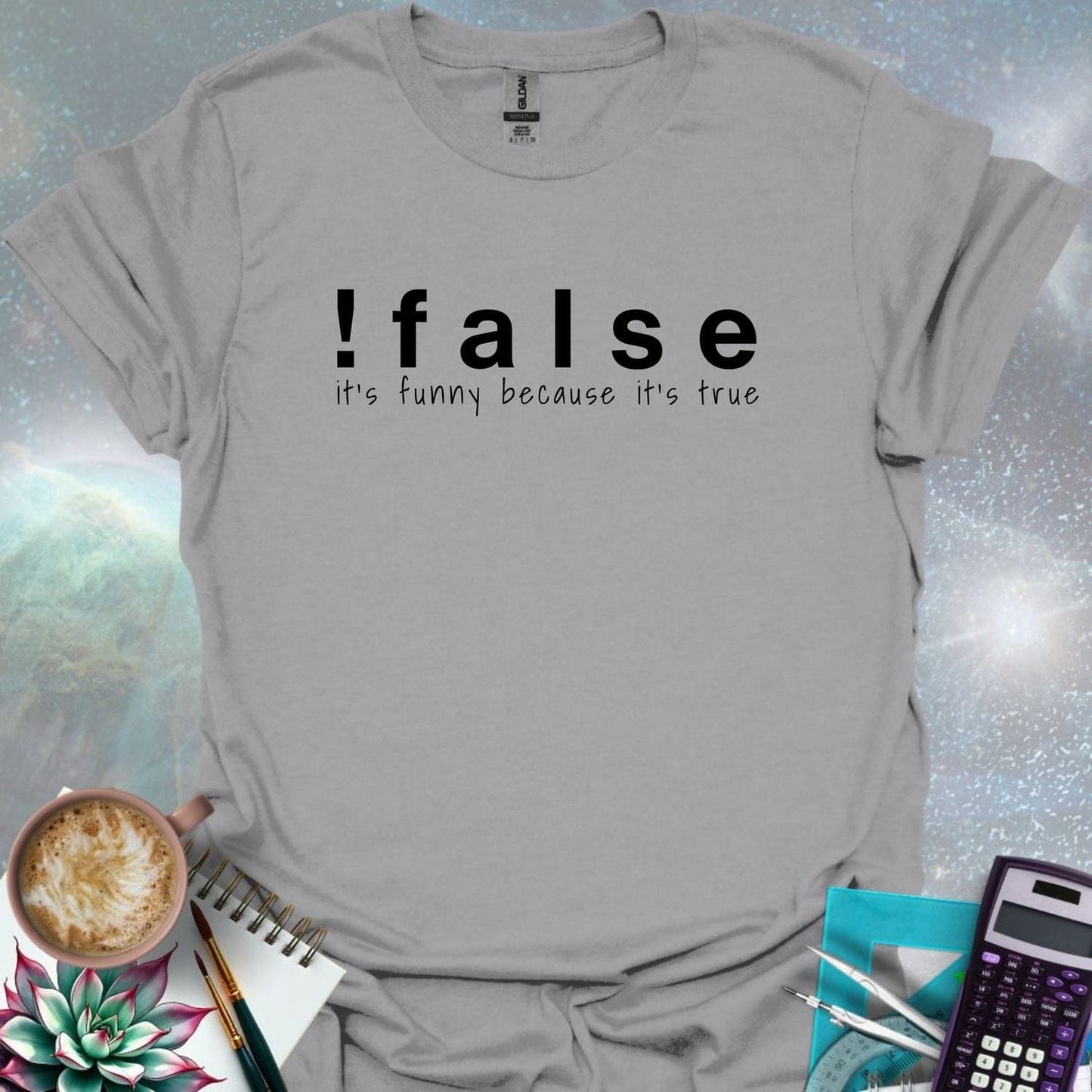 The text '!false' in bold letters, with the tagline 'it's funny because it's true' in smaller letters below.