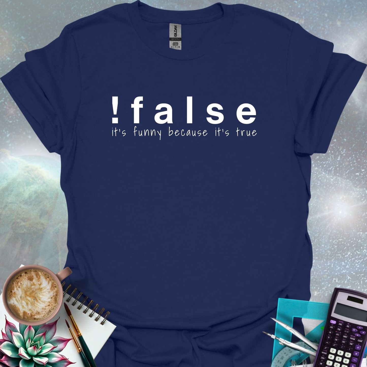 The text '!false' in bold letters, with the tagline 'it's funny because it's true' in smaller letters below.