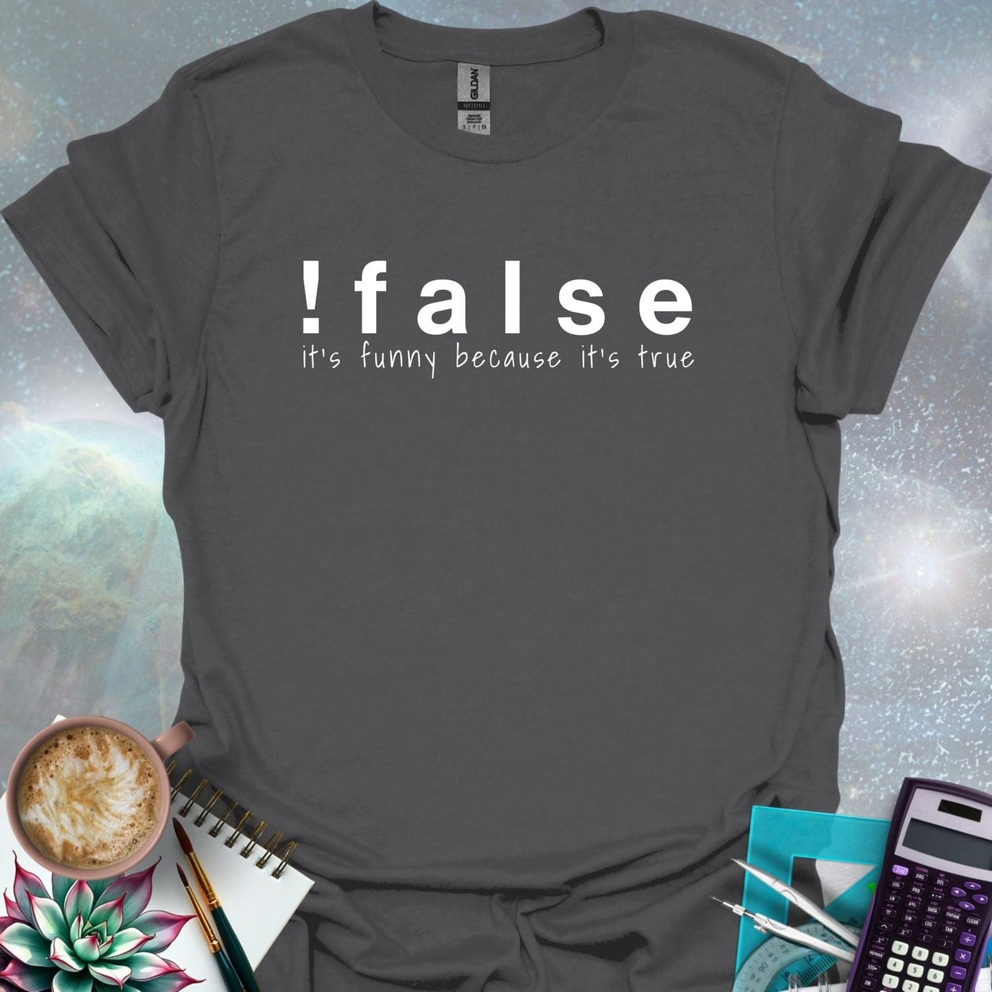 The text '!false' in bold letters, with the tagline 'it's funny because it's true' in smaller letters below.