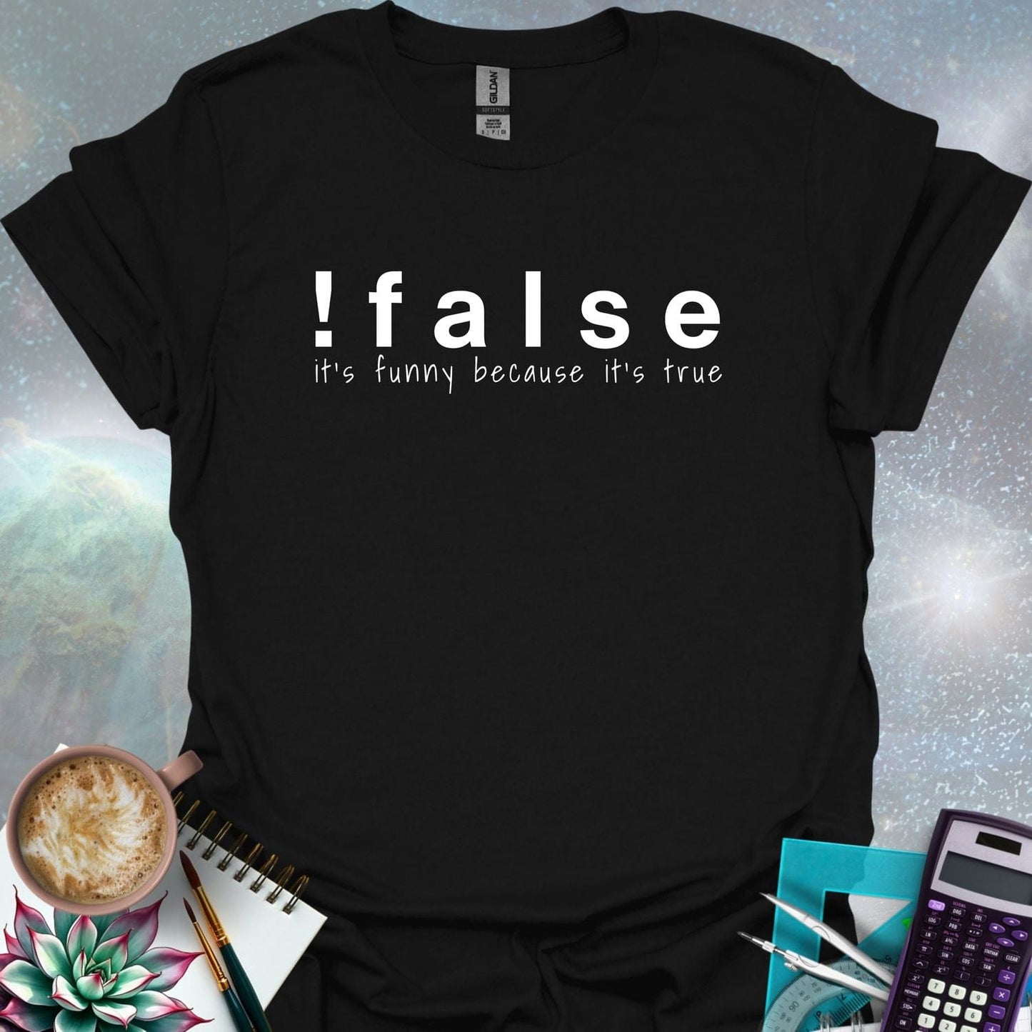 The text '!false' in bold letters, with the tagline 'it's funny because it's true' in smaller letters below.