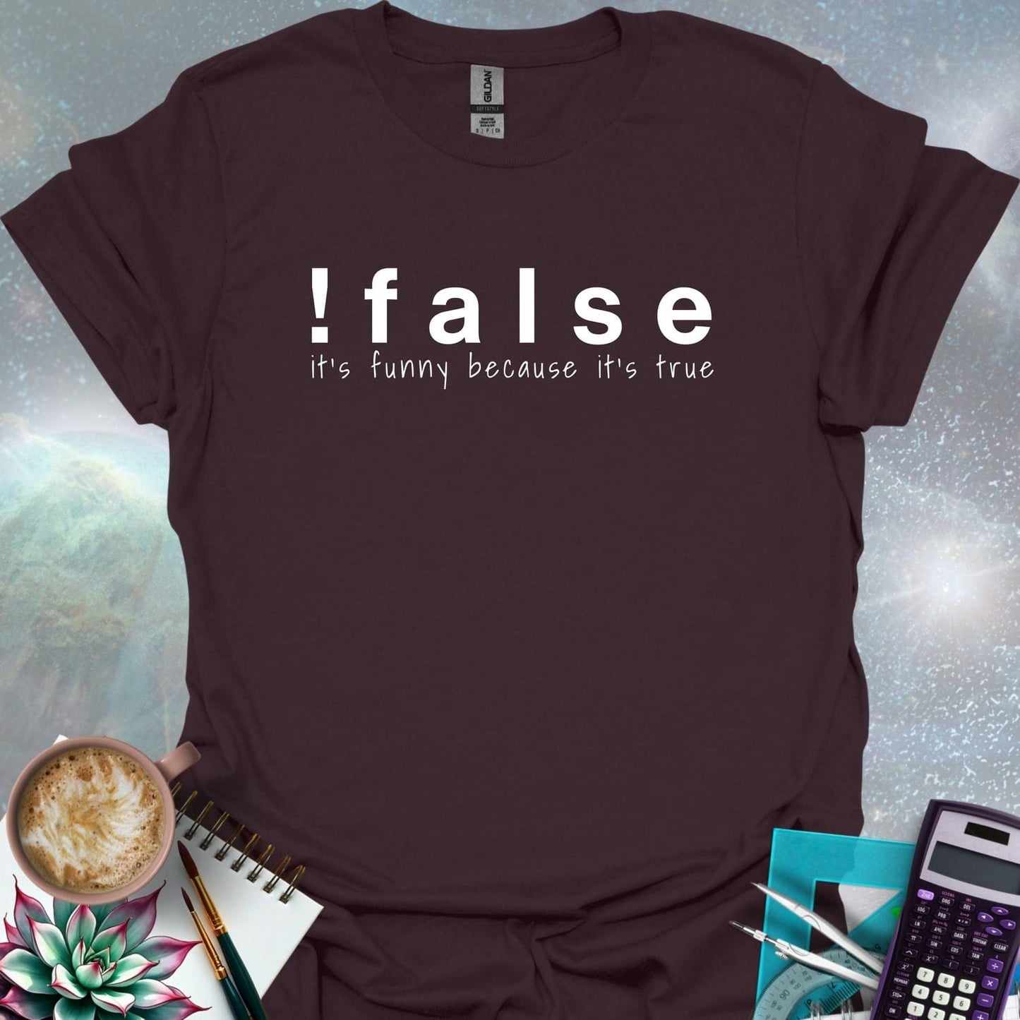 The text '!false' in bold letters, with the tagline 'it's funny because it's true' in smaller letters below.