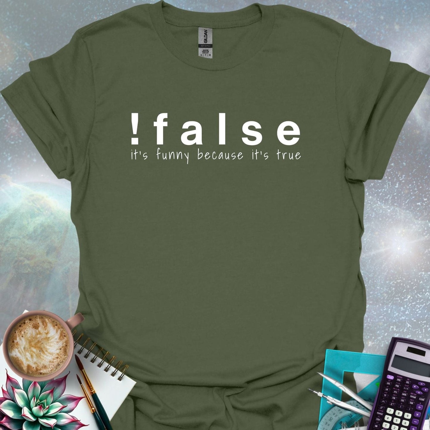 The text '!false' in bold letters, with the tagline 'it's funny because it's true' in smaller letters below.