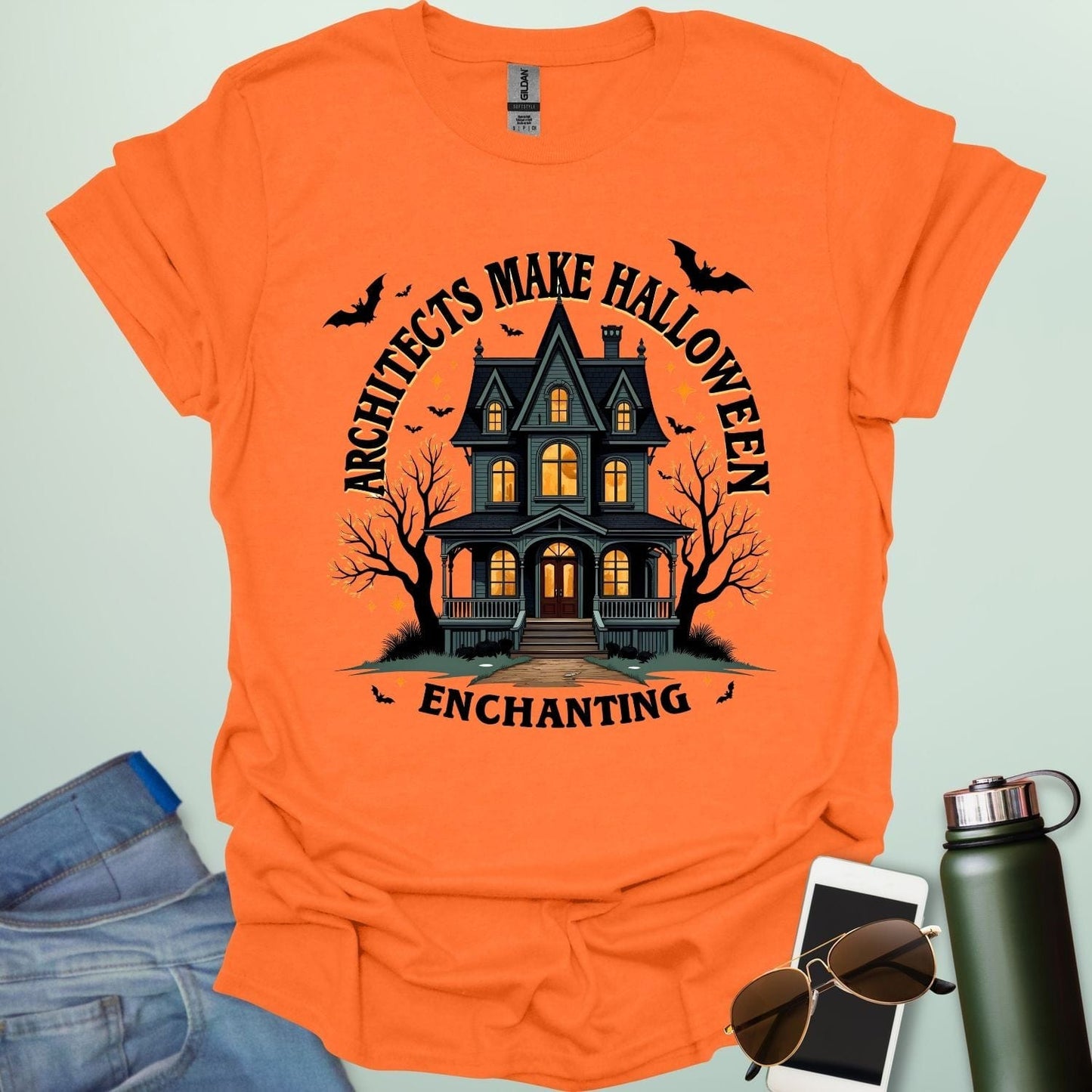 Architects Make Halloween Enchanting t-shirt with architectural motif and spooky / Halloween design elements — tee for architects and creative Halloween lovers.