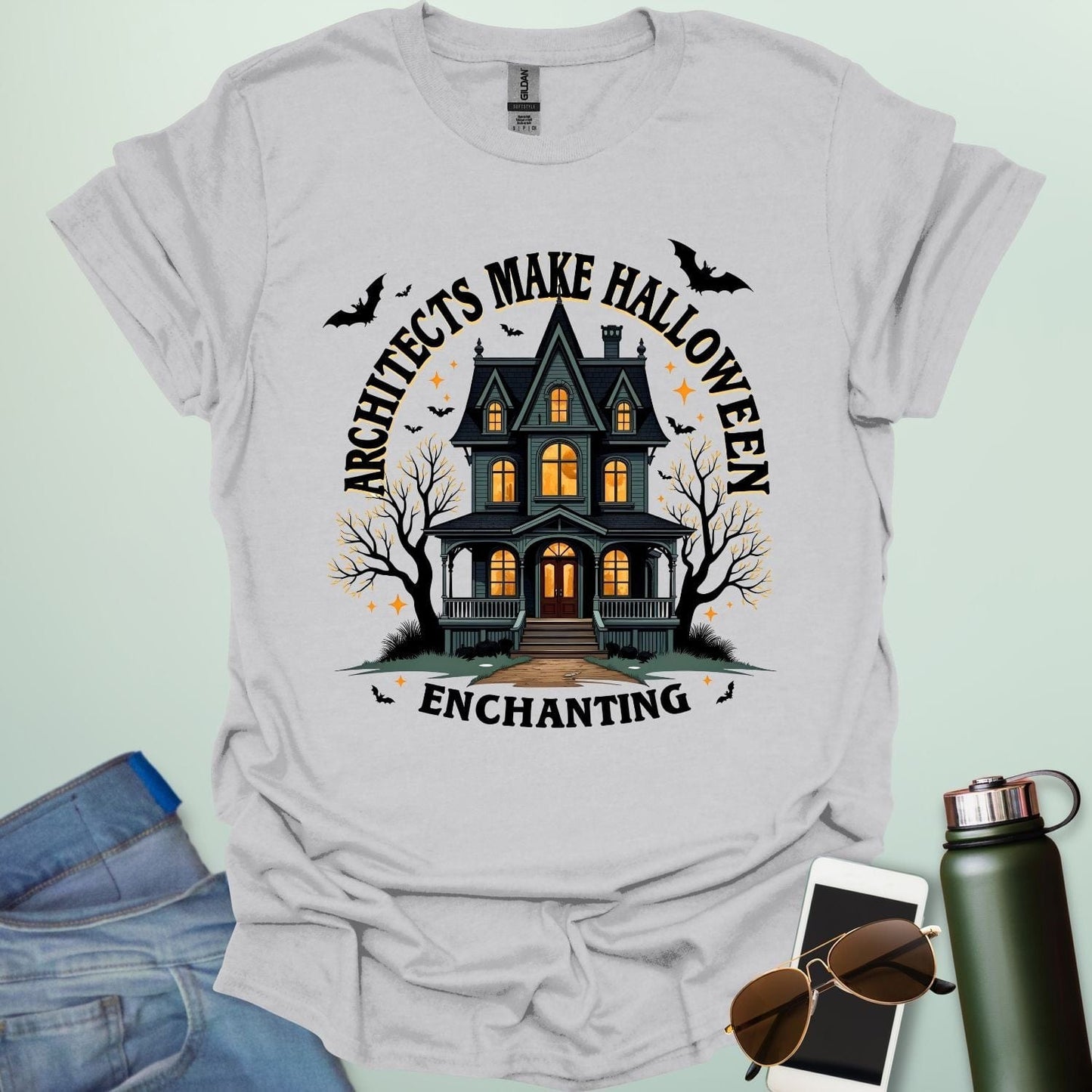 Architects Make Halloween Enchanting t-shirt with architectural motif and spooky / Halloween design elements — tee for architects and creative Halloween lovers.