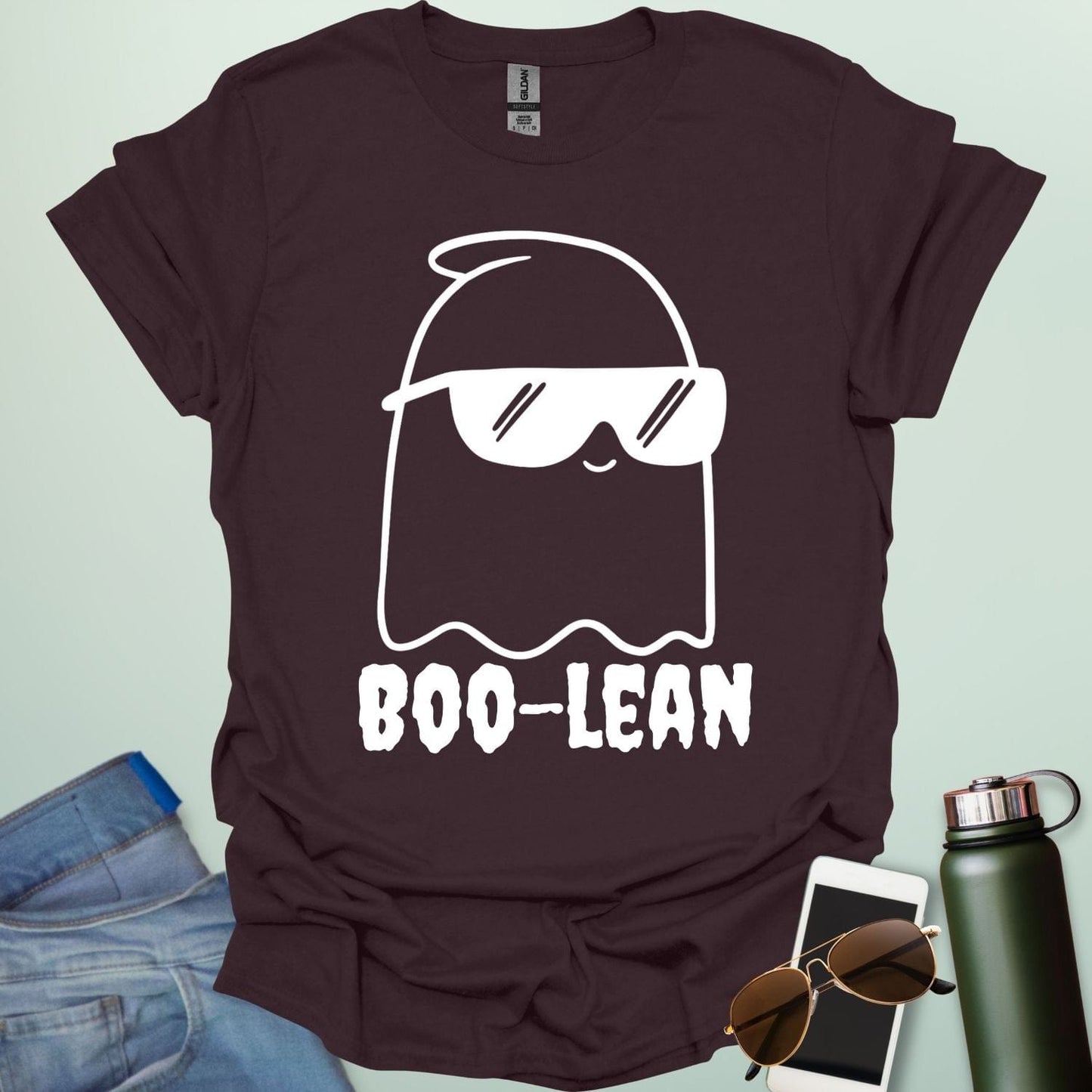 BOO-LEAN t-shirt with Halloween-themed computer programming pun design — Boolean logic meets spooky humor.