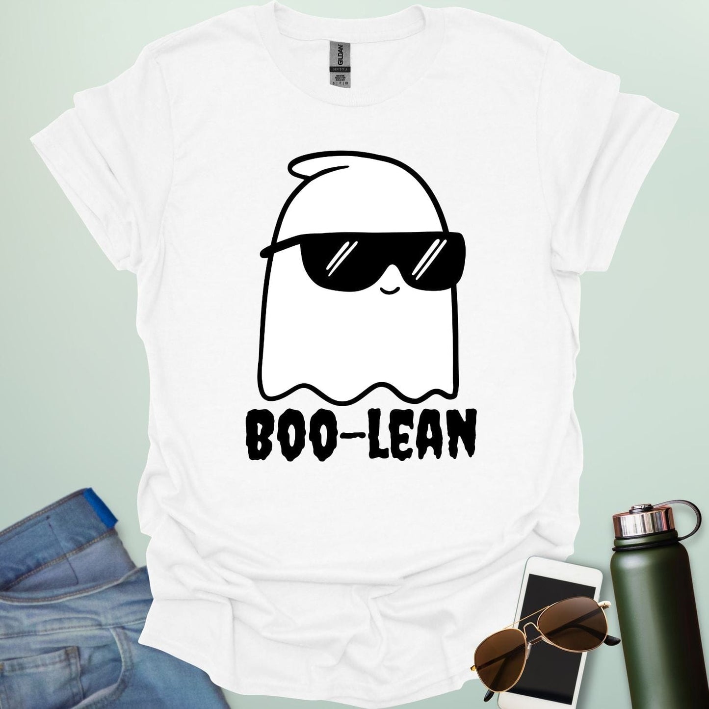 BOO-LEAN t-shirt with Halloween-themed computer programming pun design — Boolean logic meets spooky humor.