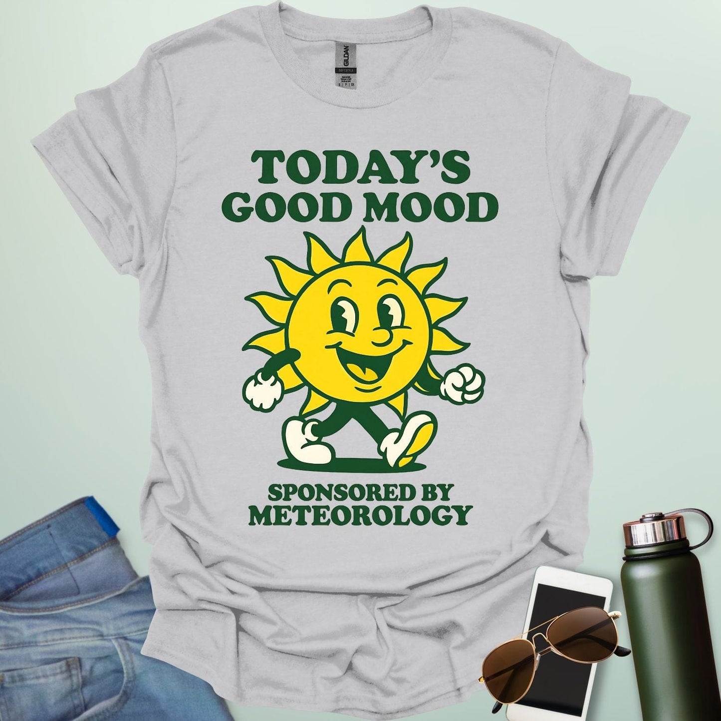 TODAY'S GOOD MOOD Sponsored by Meteorology t-shirt with retro sun graphic, funny weather science shirt for meteorologists.