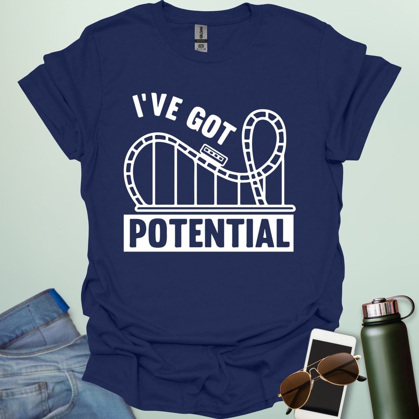 I've Got Potential' t-shirt with a white graphic of a rollercoaster