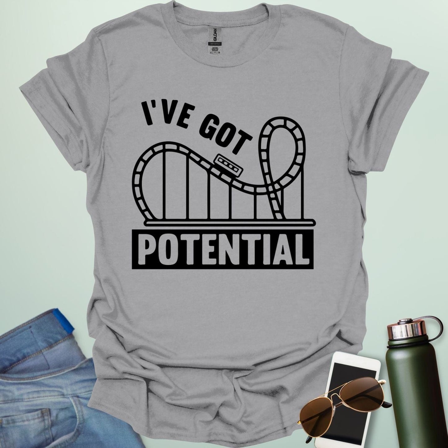 I've Got Potential' t-shirt with a white graphic of a rollercoaster