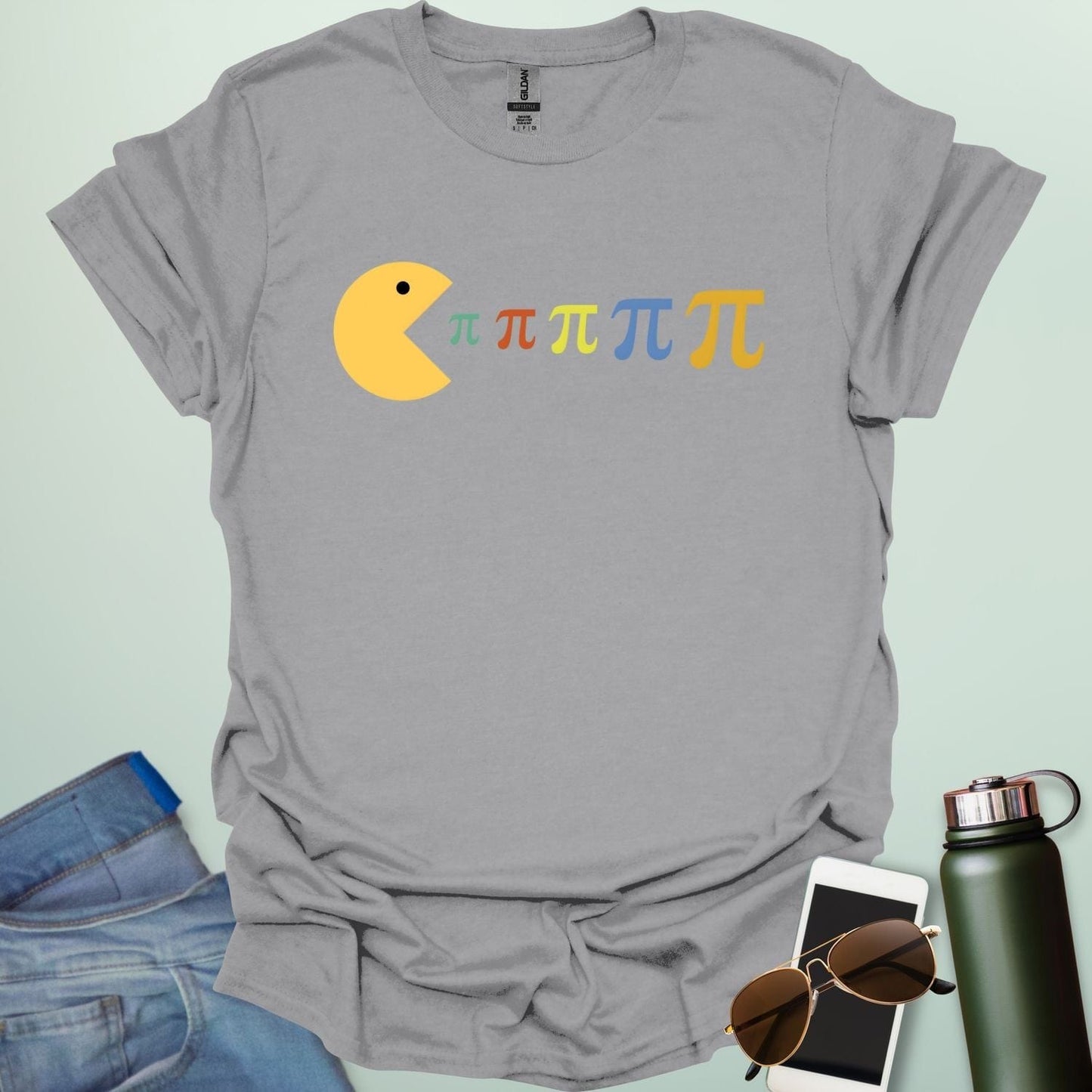 A Pac-Man-like figure eating colorful Pi symbols on a dark blue background.