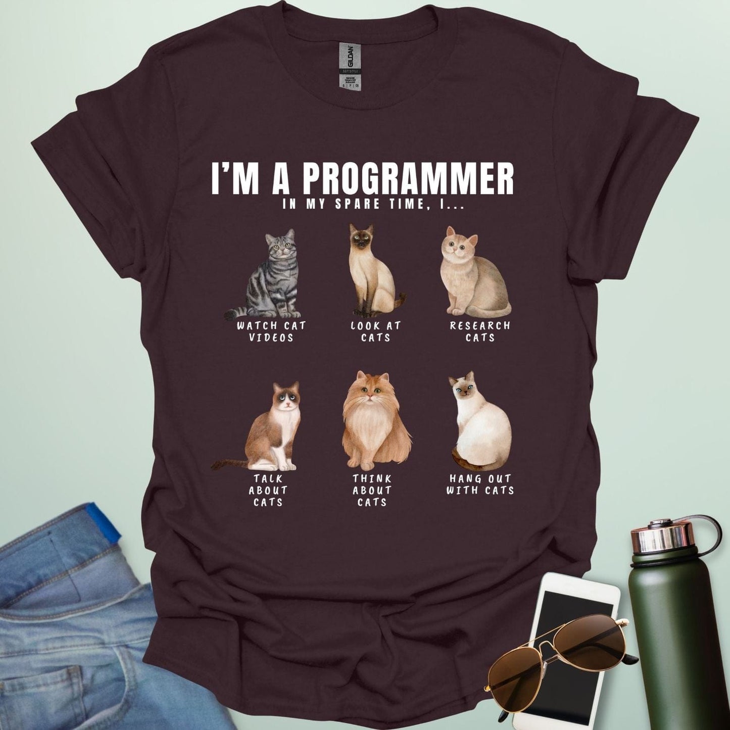 Iβm a Programmer: In my spare time Iβ¦ t-shirt featuring a coding cat graphic, funny programmer cat shirt for software developers and geeks.