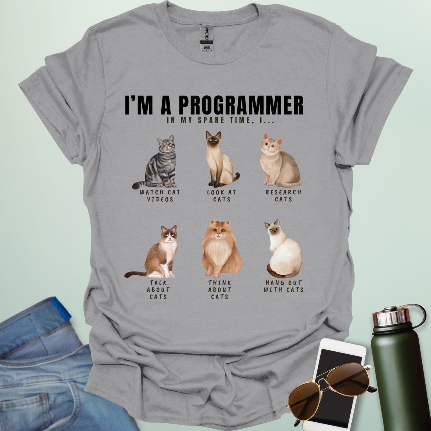 Iβm a Programmer: In my spare time Iβ¦ t-shirt featuring a coding cat graphic, funny programmer cat shirt for software developers and geeks.