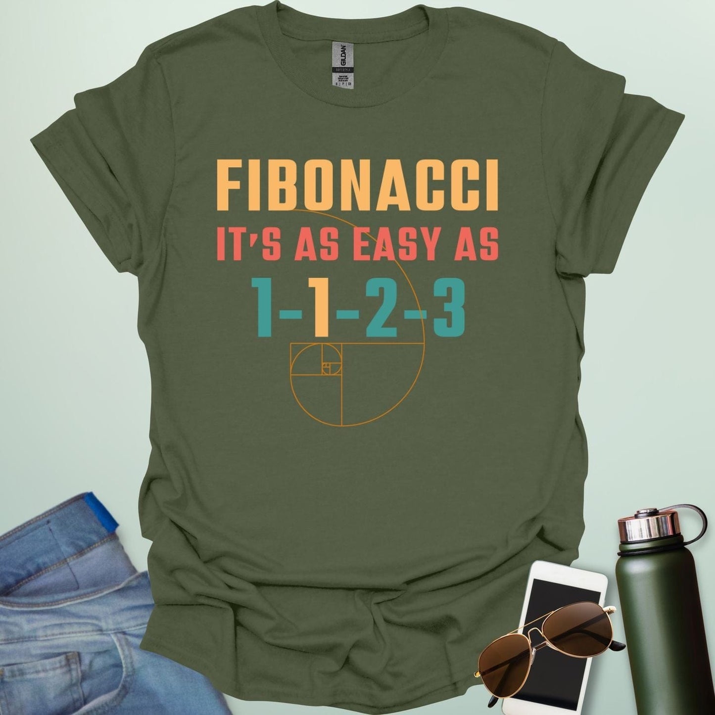 Fibonacci It's As Easy As 1-1-2-3' t-shirt with the Fibonacci spiral graphic.