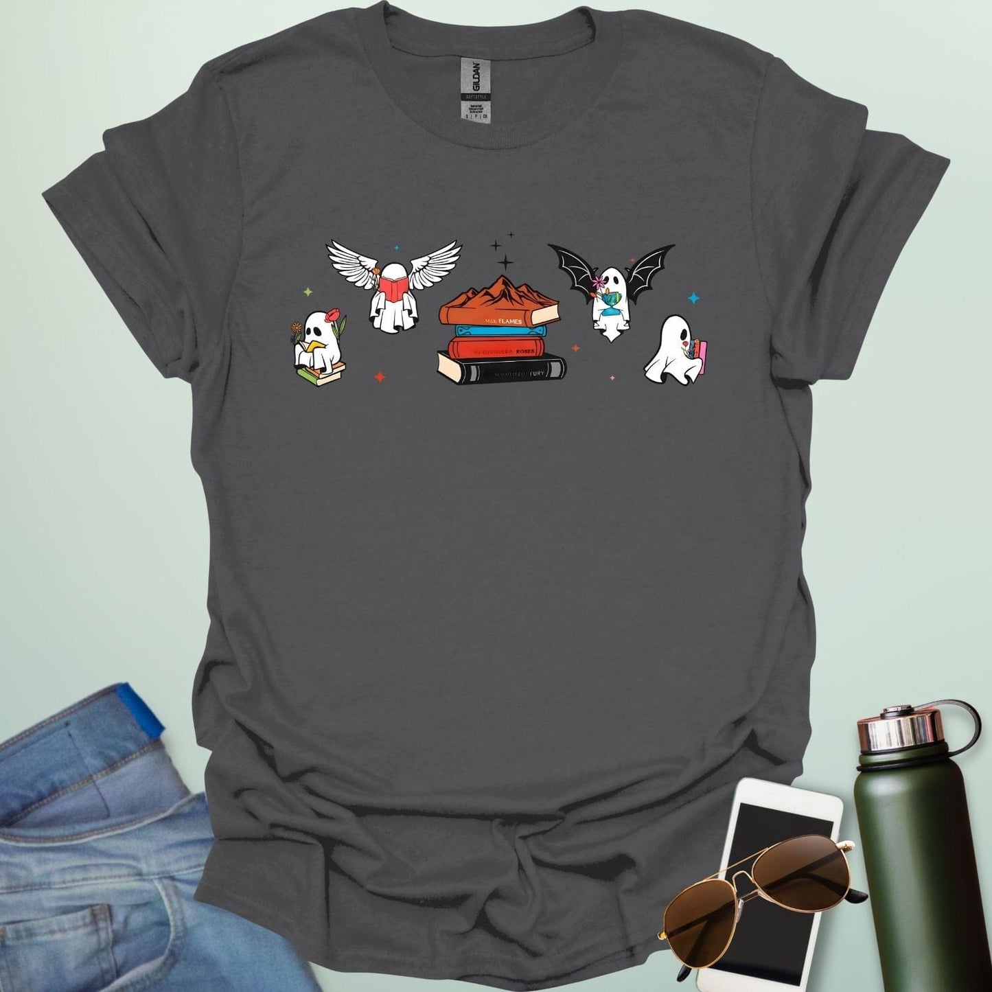 Literate Ghosts t-shirt featuring ghostly characters with books — a funny Halloween design for readers and teachers.