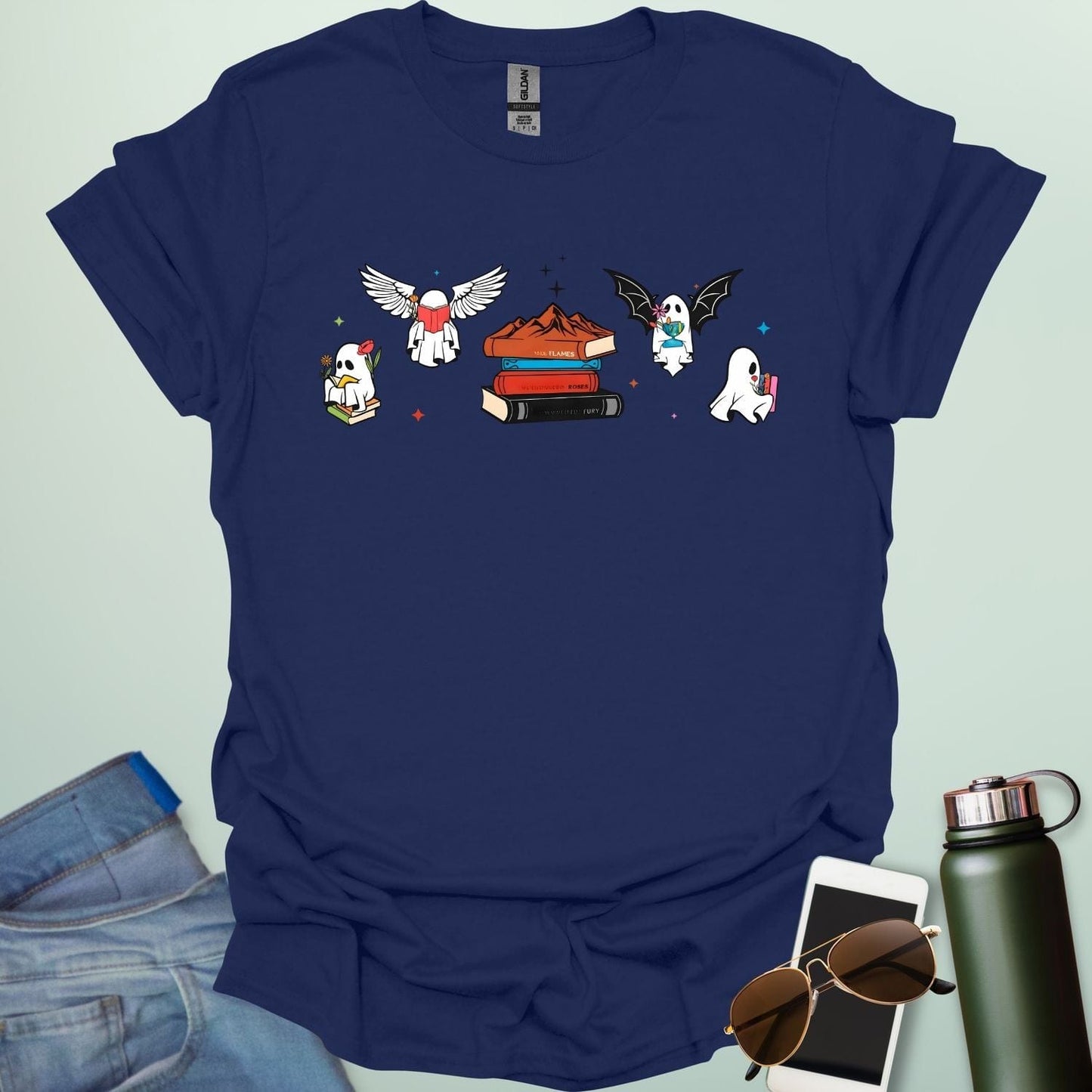 Literate Ghosts t-shirt featuring ghostly characters with books — a funny Halloween design for readers and teachers.