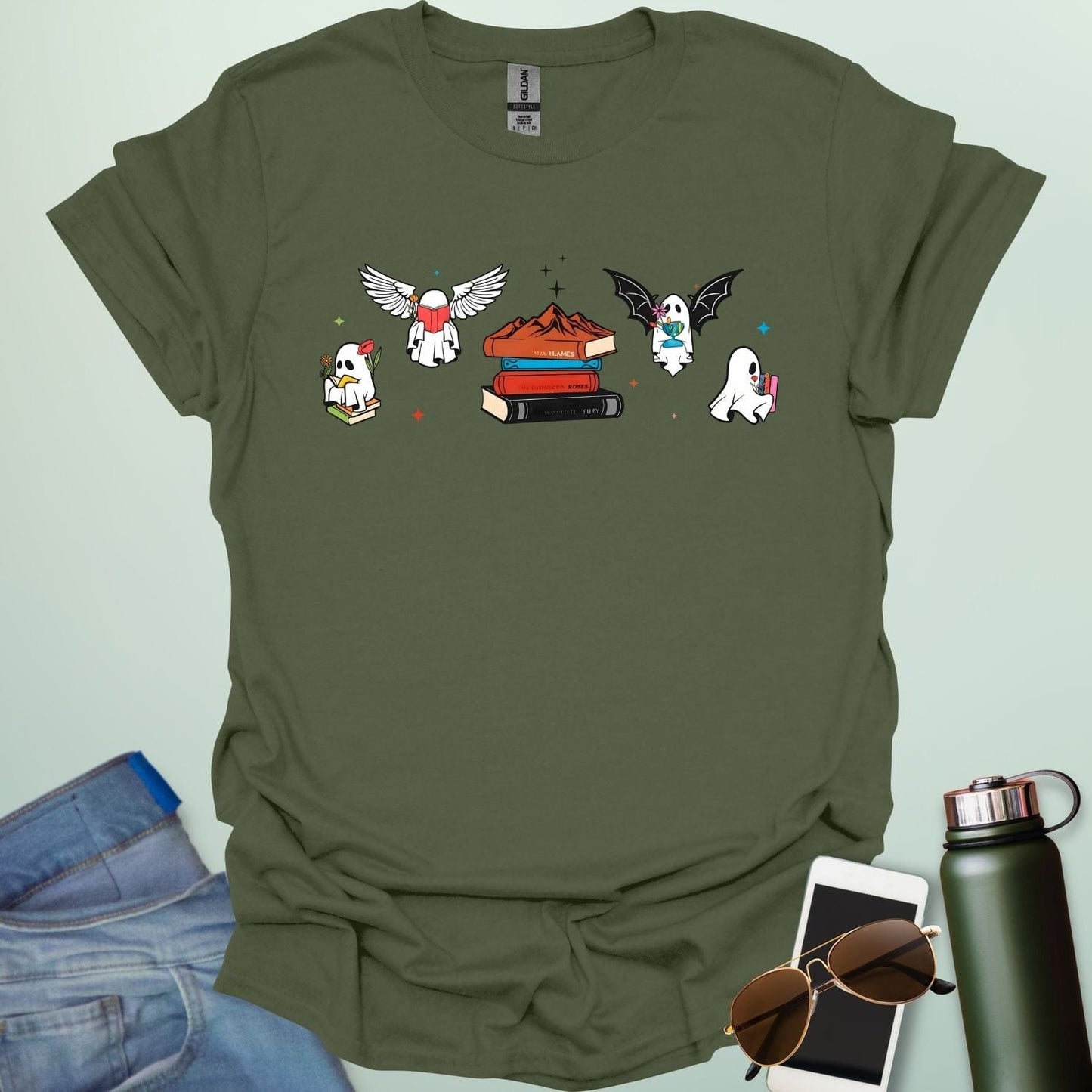 Literate Ghosts t-shirt featuring ghostly characters with books — a funny Halloween design for readers and teachers.