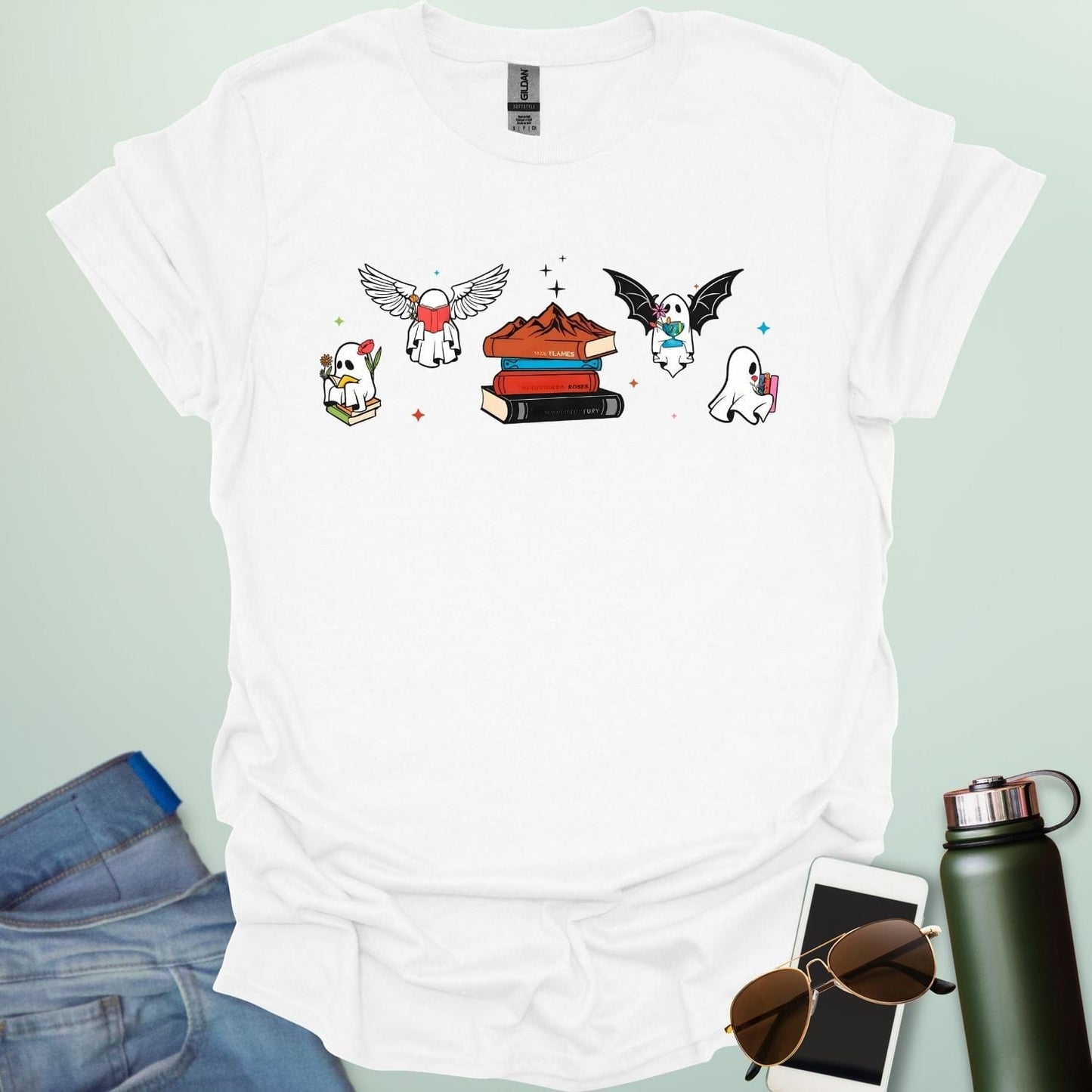 Literate Ghosts t-shirt featuring ghostly characters with books — a funny Halloween design for readers and teachers.